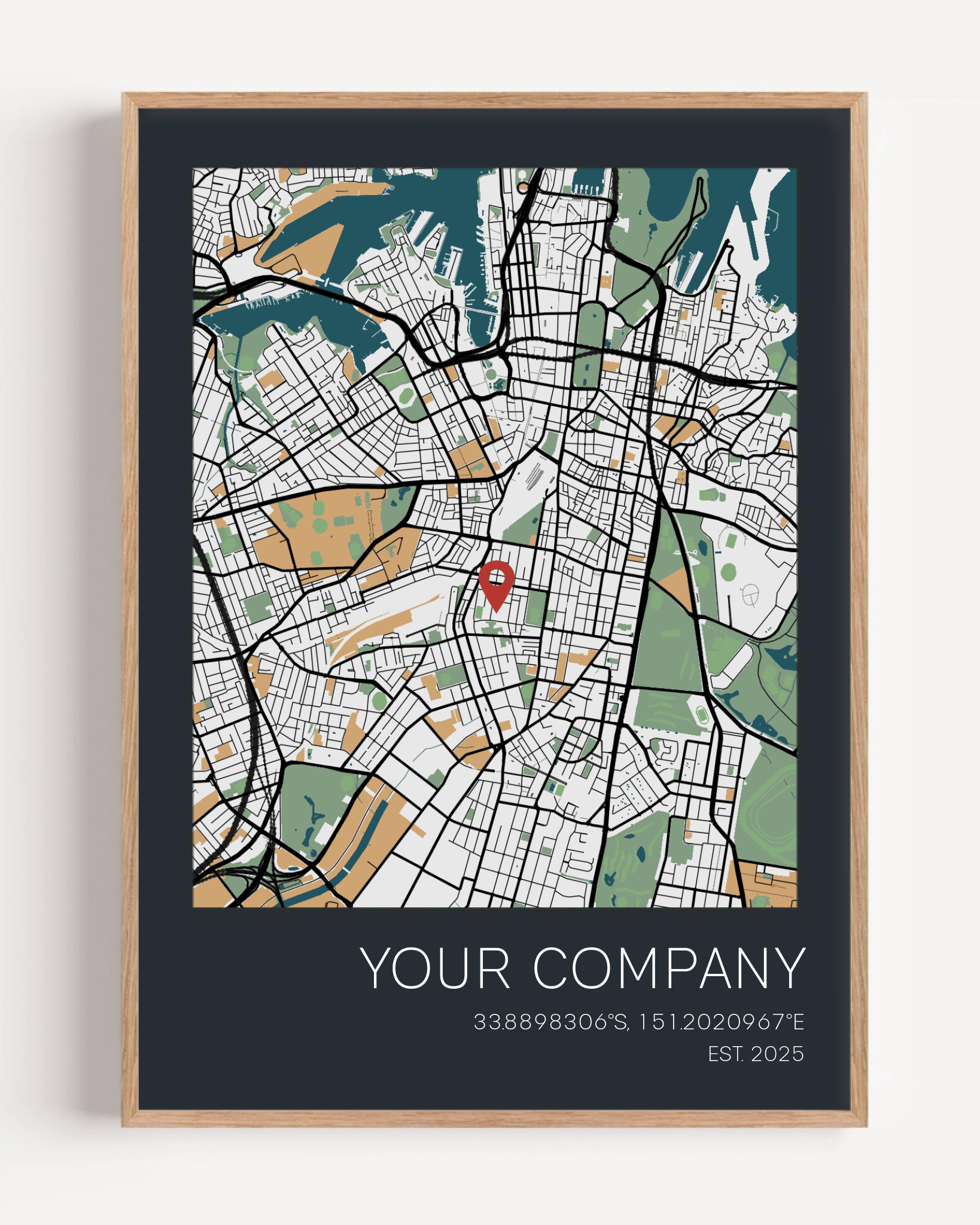Custom company anniversary map print showing the business founding location