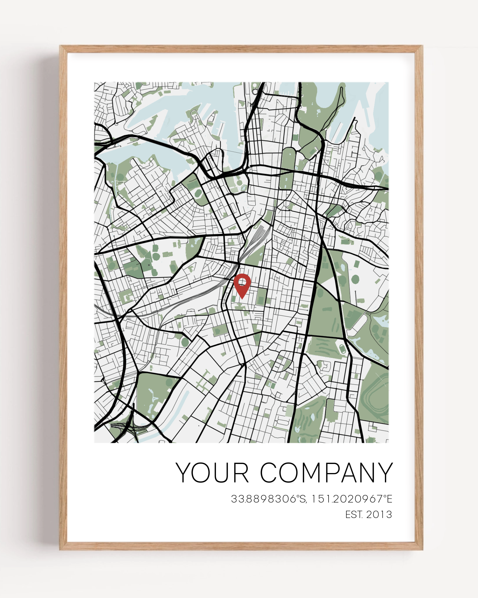 Company anniversary map print personalised with logo and founding year
