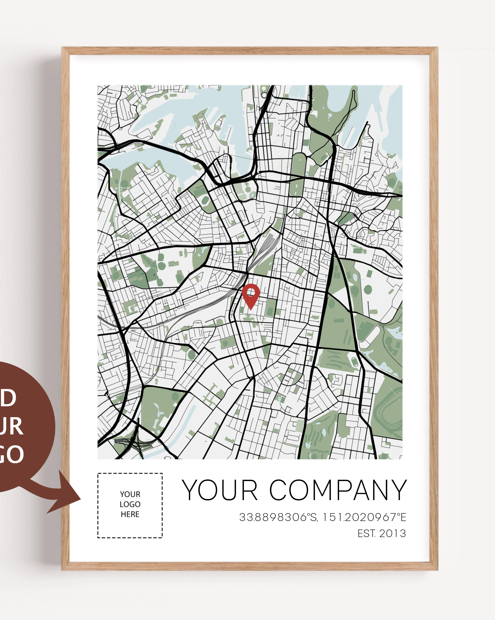 Company anniversary gift featuring a custom location map and business details and logo