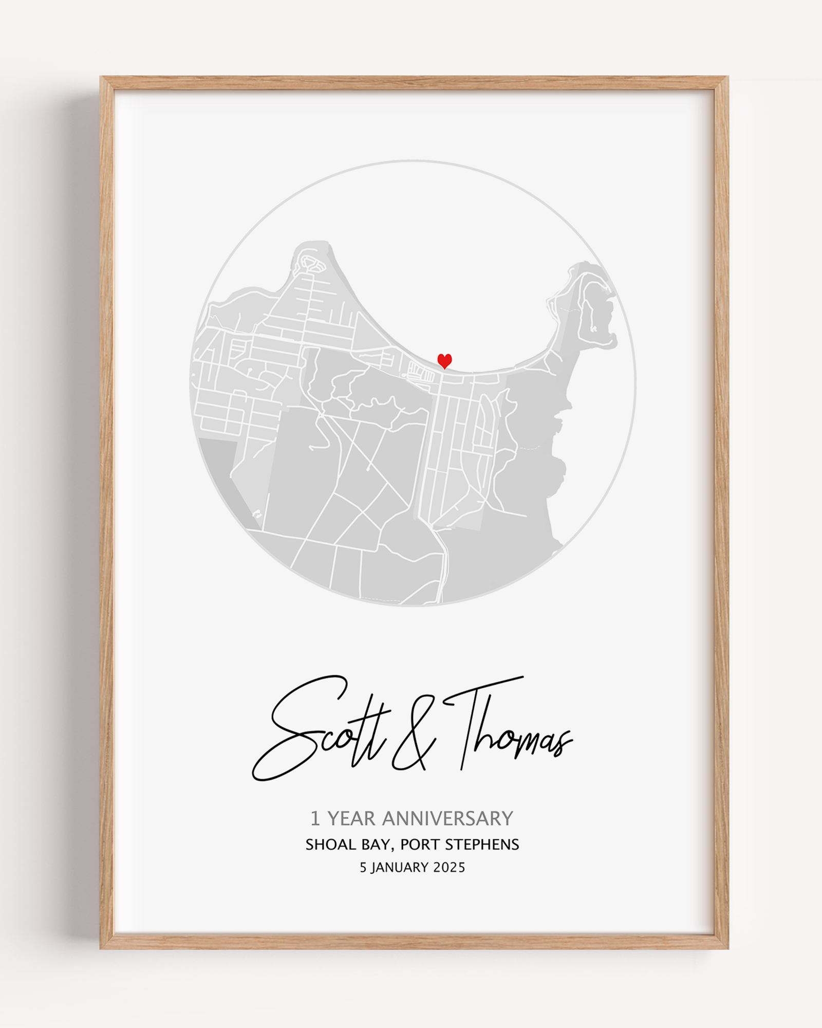 A framed custom map print that shows the Mark Your Moment anniversary map gift. The design is purchased as a personalized gift as it’s unique to your date and location.