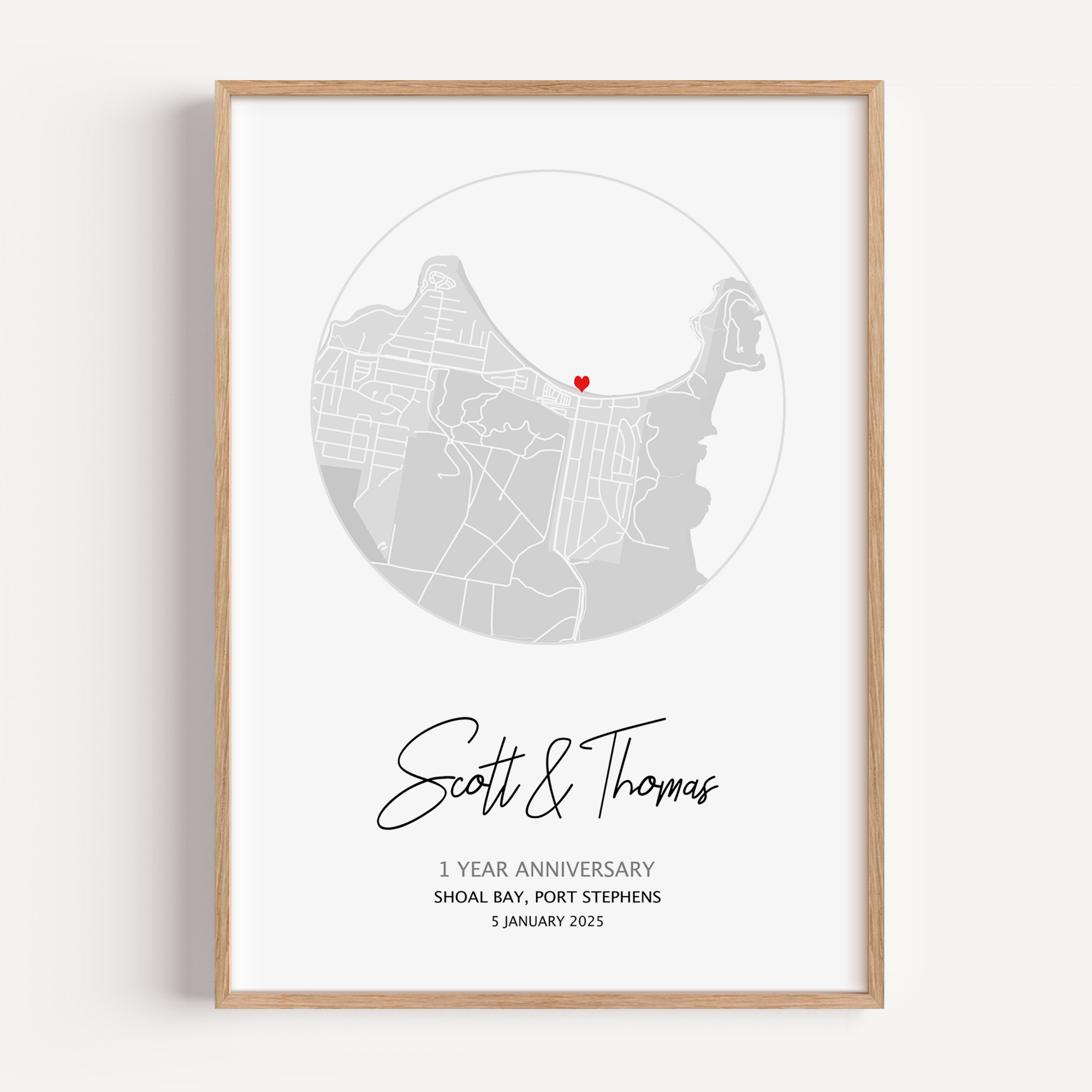 A framed custom map print that shows the Mark Your Moment anniversary map gift. The design is purchased as a personalized gift as it’s unique to your date and location.