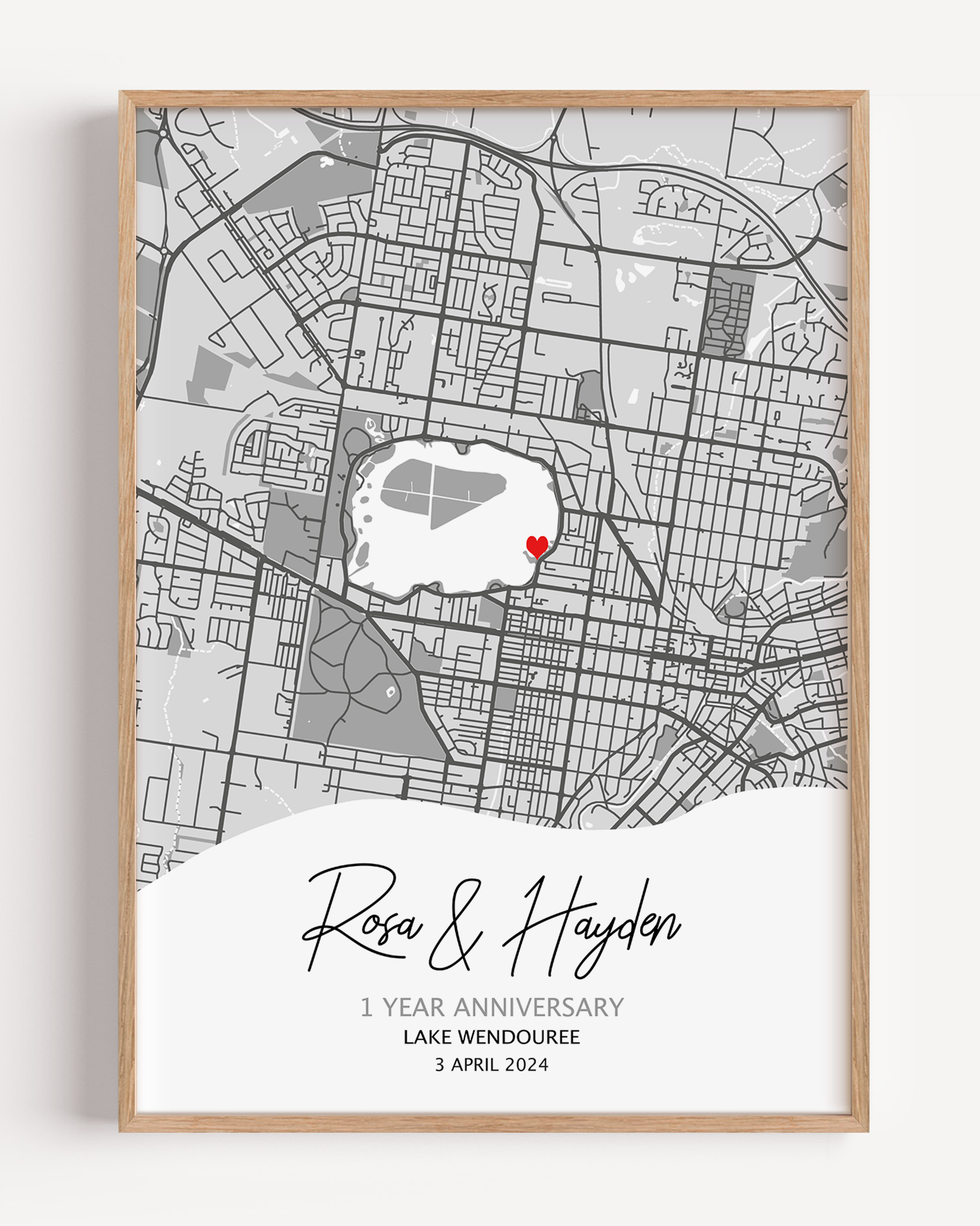 A paper anniversary gift idea which is a custom map print showcasing 1 year anniversary gift text