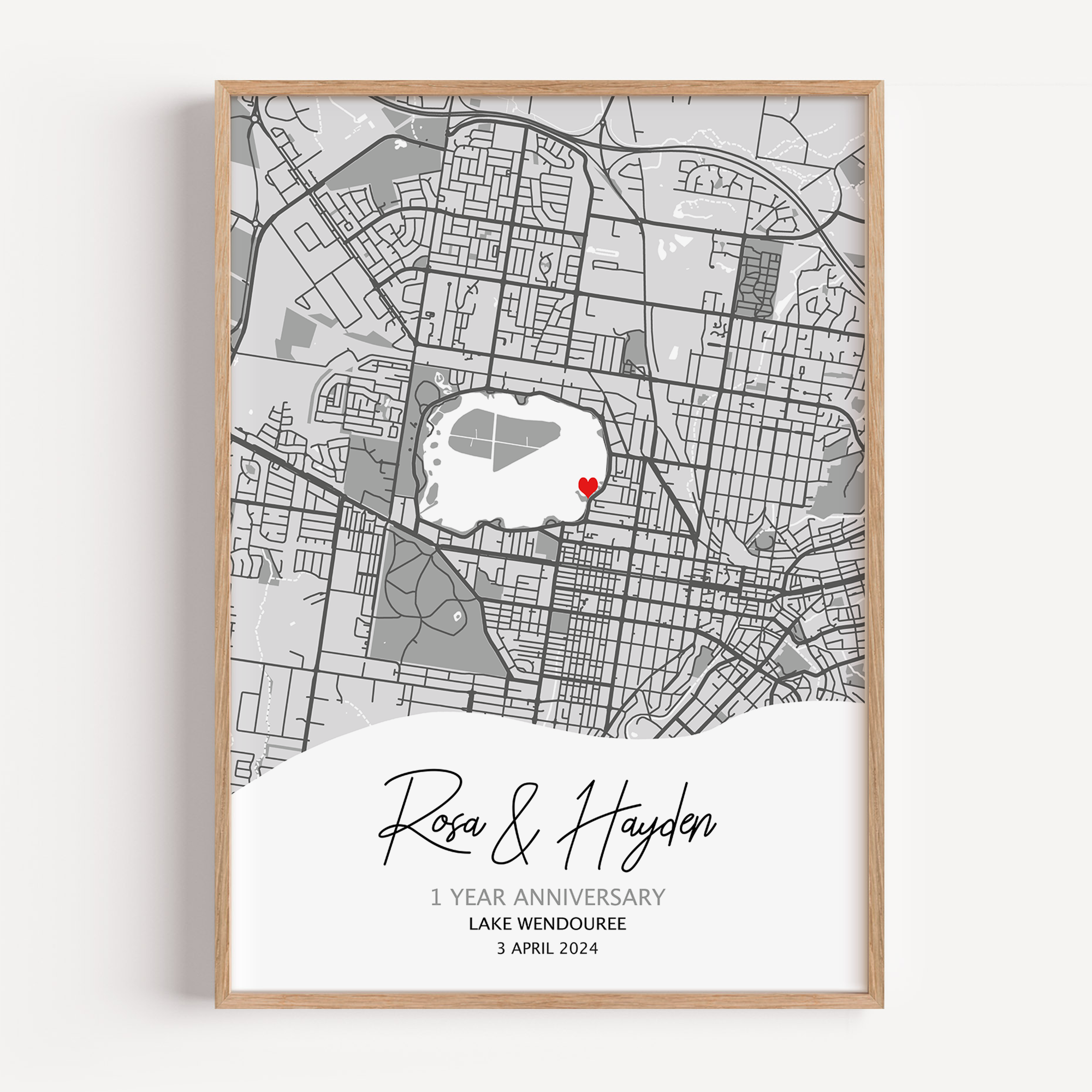 A paper anniversary gift idea which is a custom map print showcasing 1 year anniversary gift text