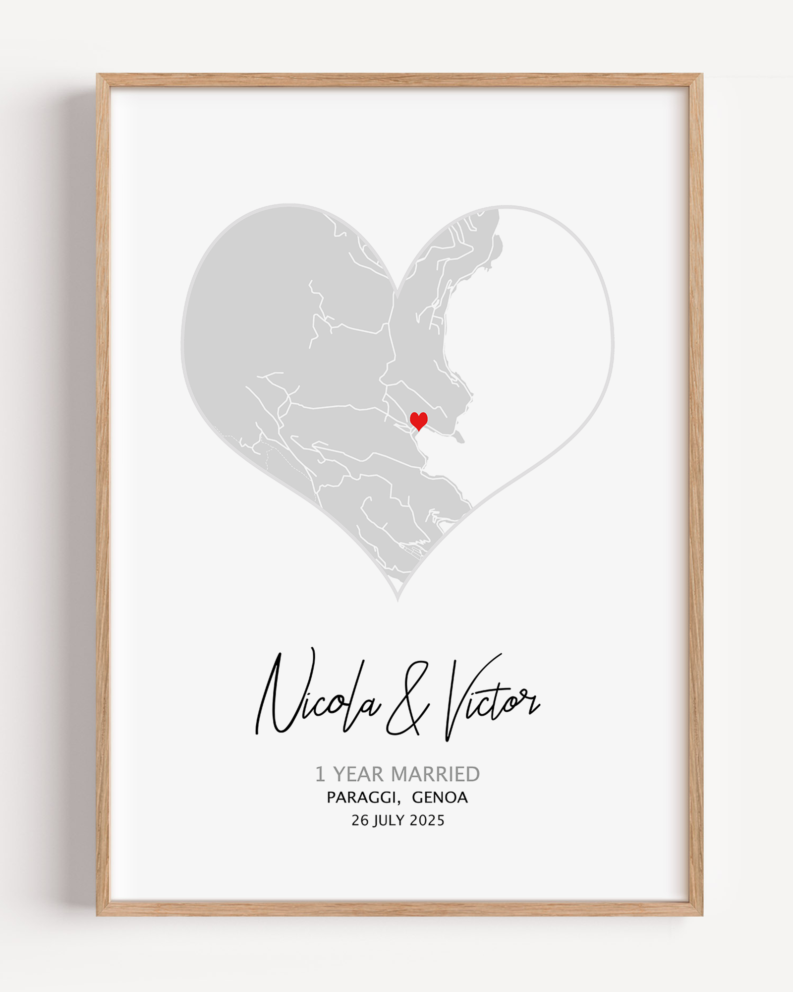 Heart-shaped custom map print featuring a meaningful location with personalized coordinates, names, and date—symbolizing love and a special memory.