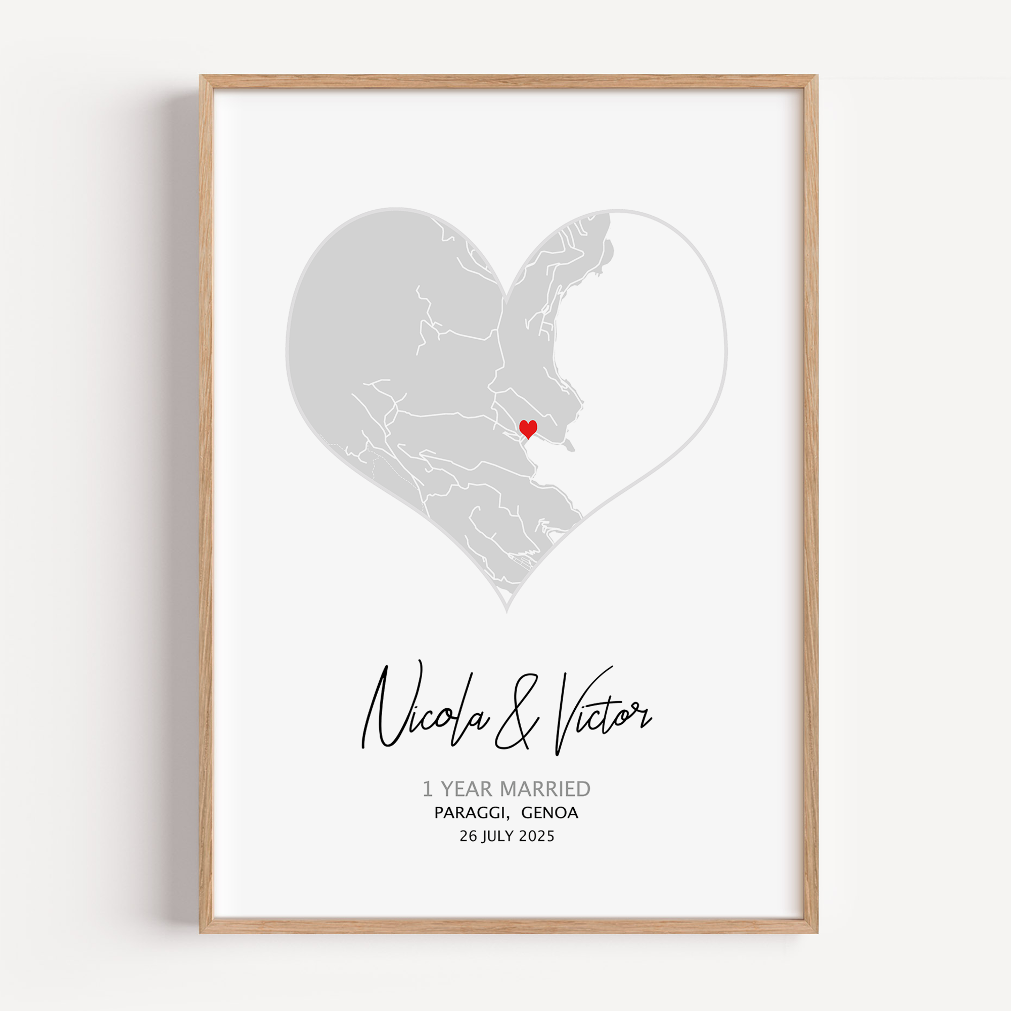 Heart-shaped custom map print featuring a meaningful location with personalized coordinates, names, and date—symbolizing love and a special memory.