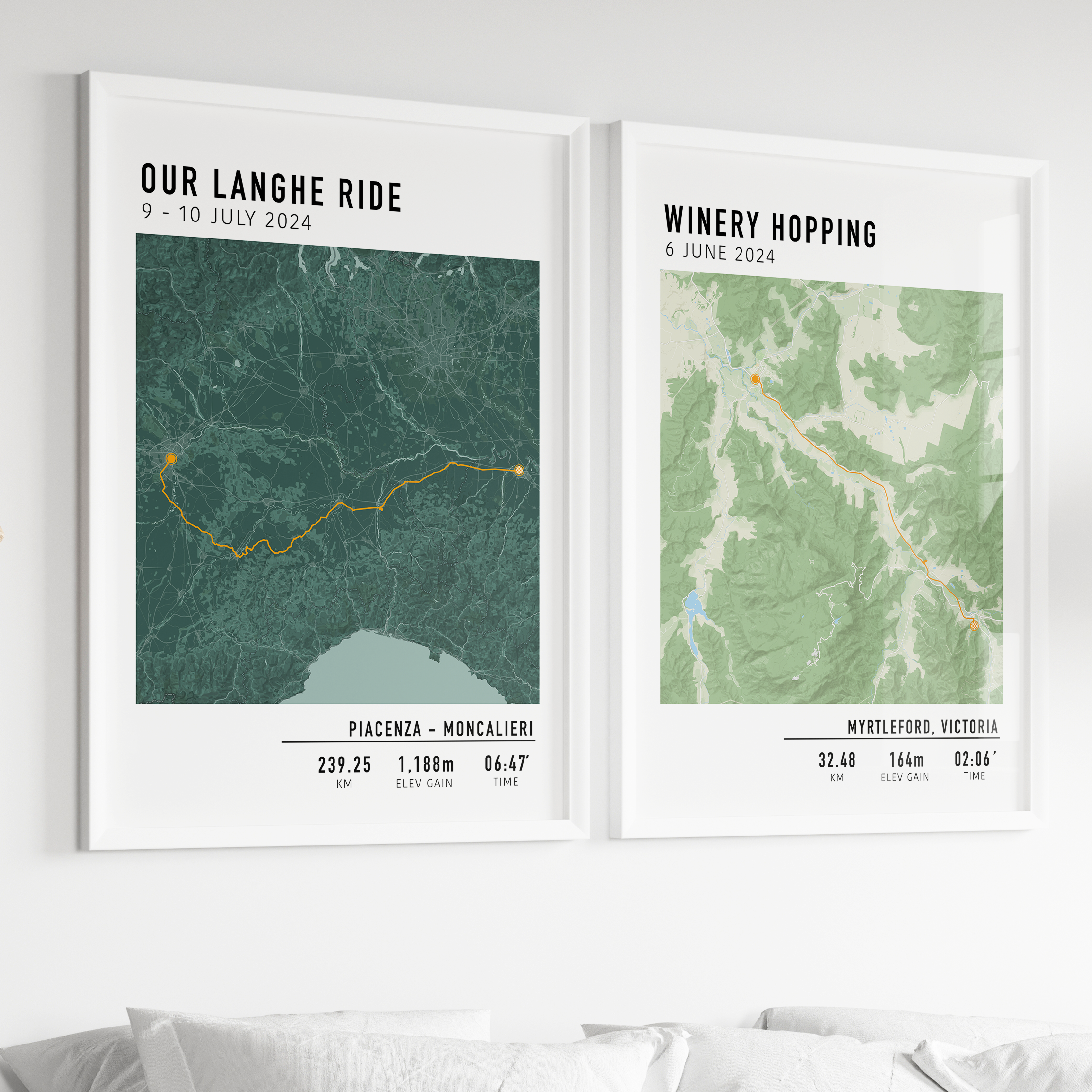 Custom hiking route print featuring a minimalist line map of a bike ride, personalized with route data uploaded by the rider, including distance, date, and location.