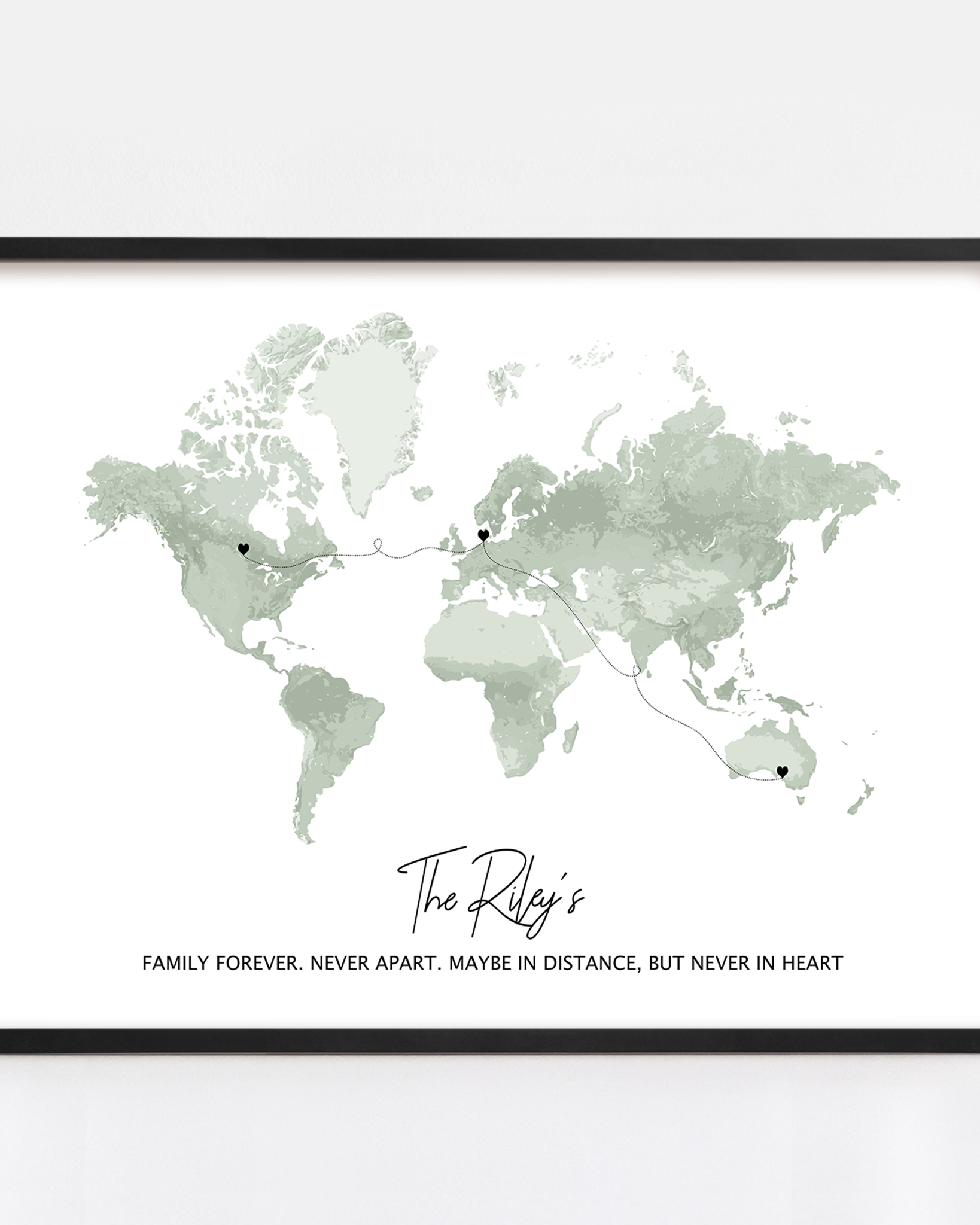 long distance custom gift framed map print with names and two locations for long distance relationship