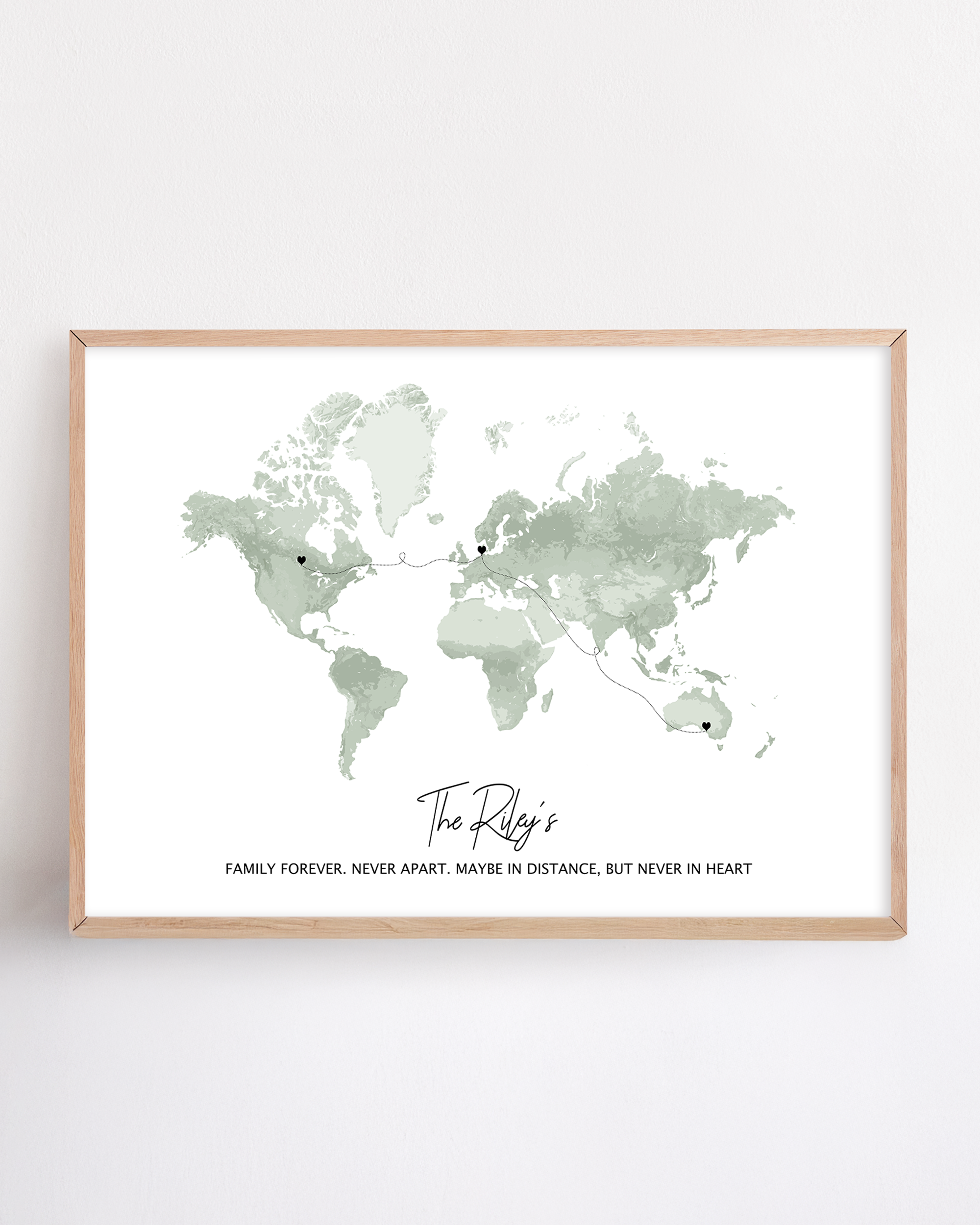 long distance custom gift framed map print with names and two locations for long distance relationship