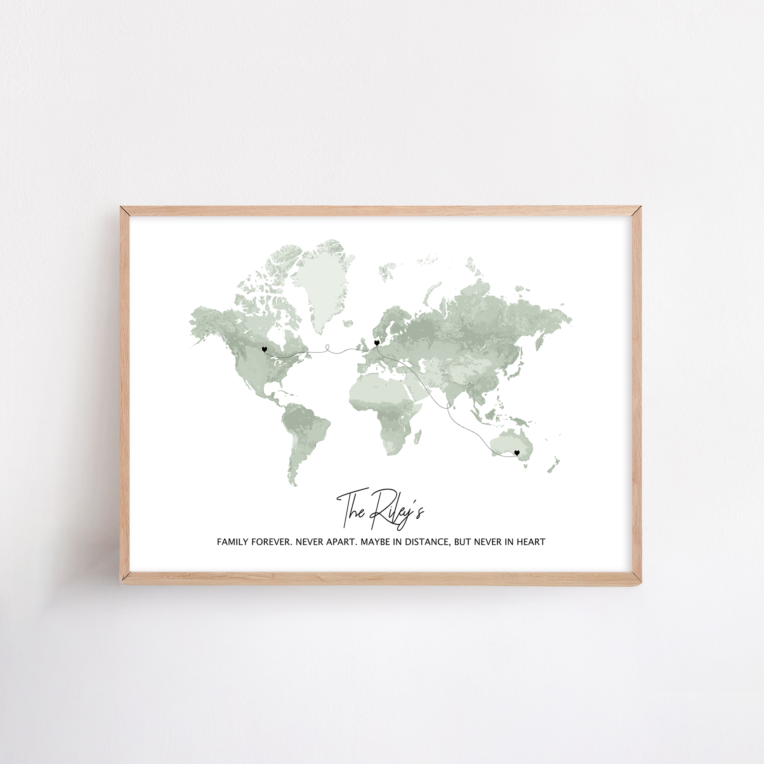 long distance custom gift framed map print with names and two locations for long distance relationship