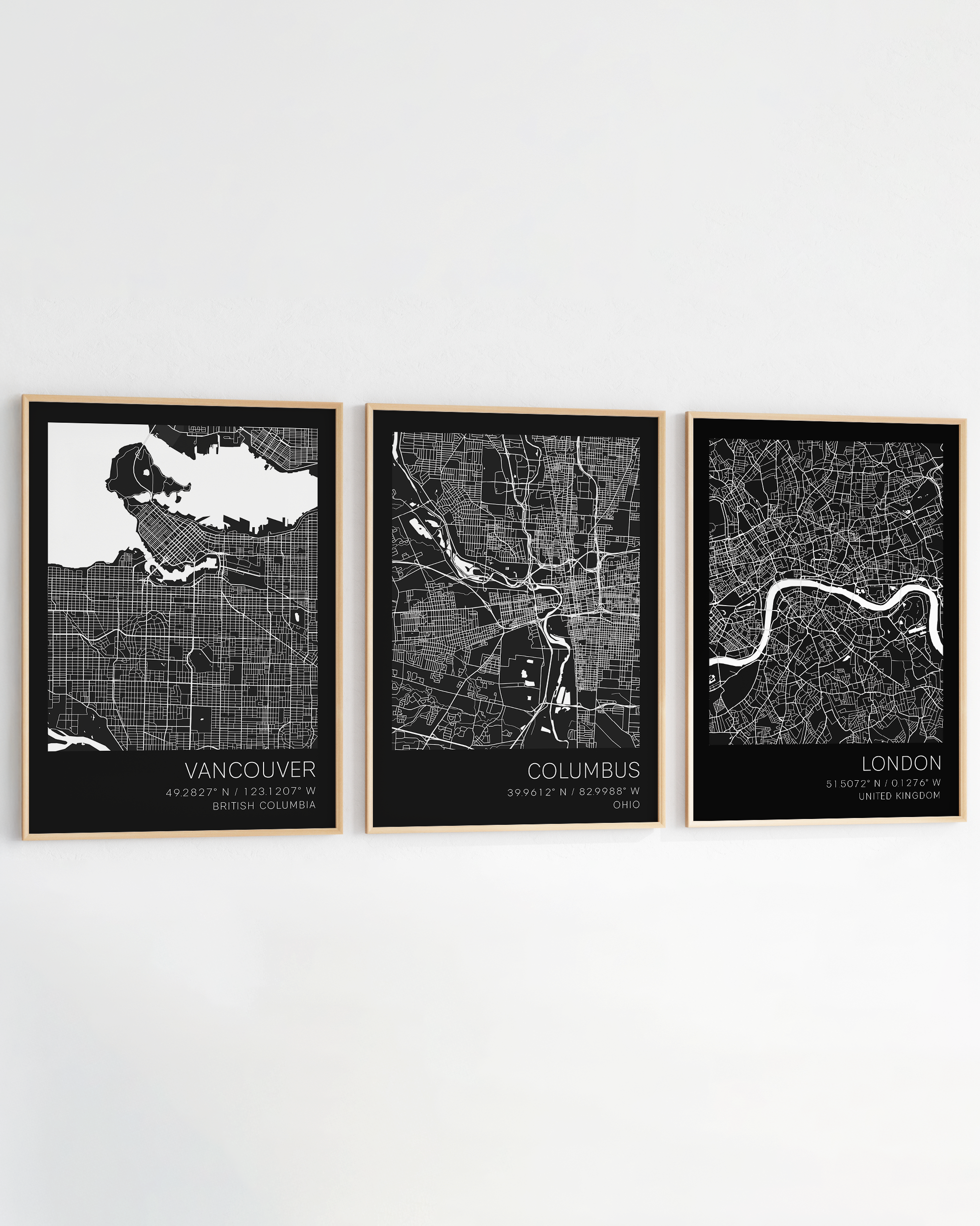 set of framed maps to show locations you have travelled or favorite places in the world.