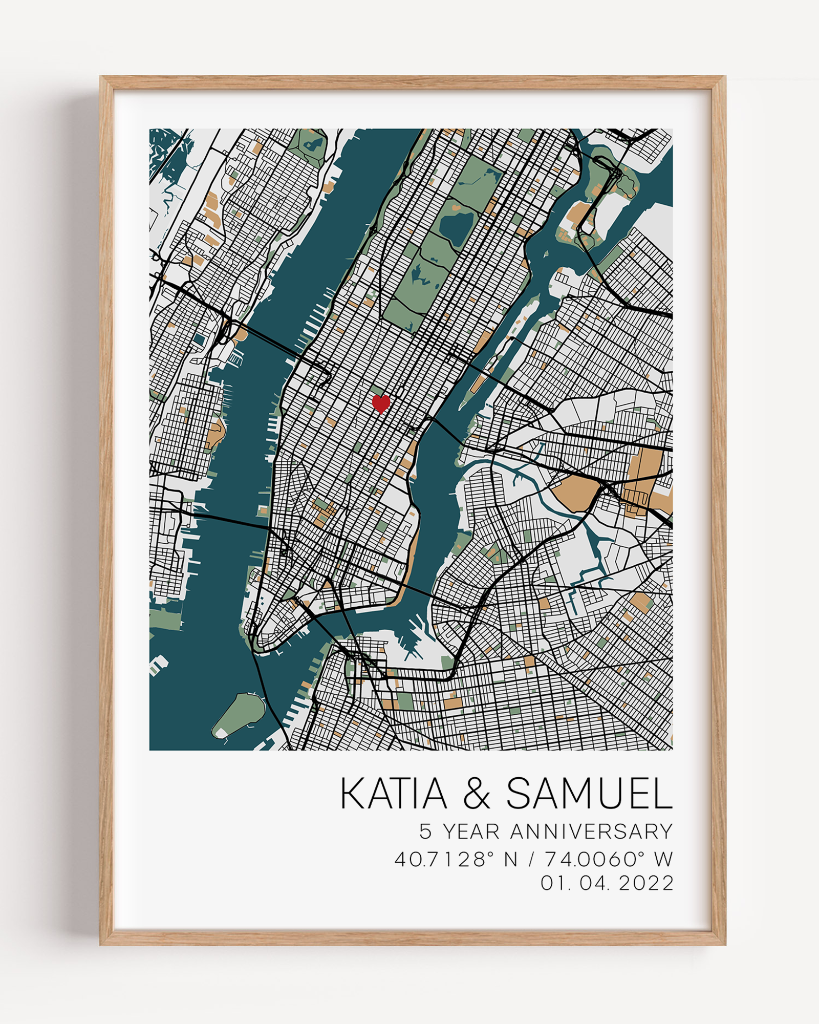 Custom-framed 5-year anniversary gift featuring a personalized message, couple's names, and wedding date, elegantly displayed with a wood or metallic frame and minimalist design, symbolizing half a decade of love and commitment.