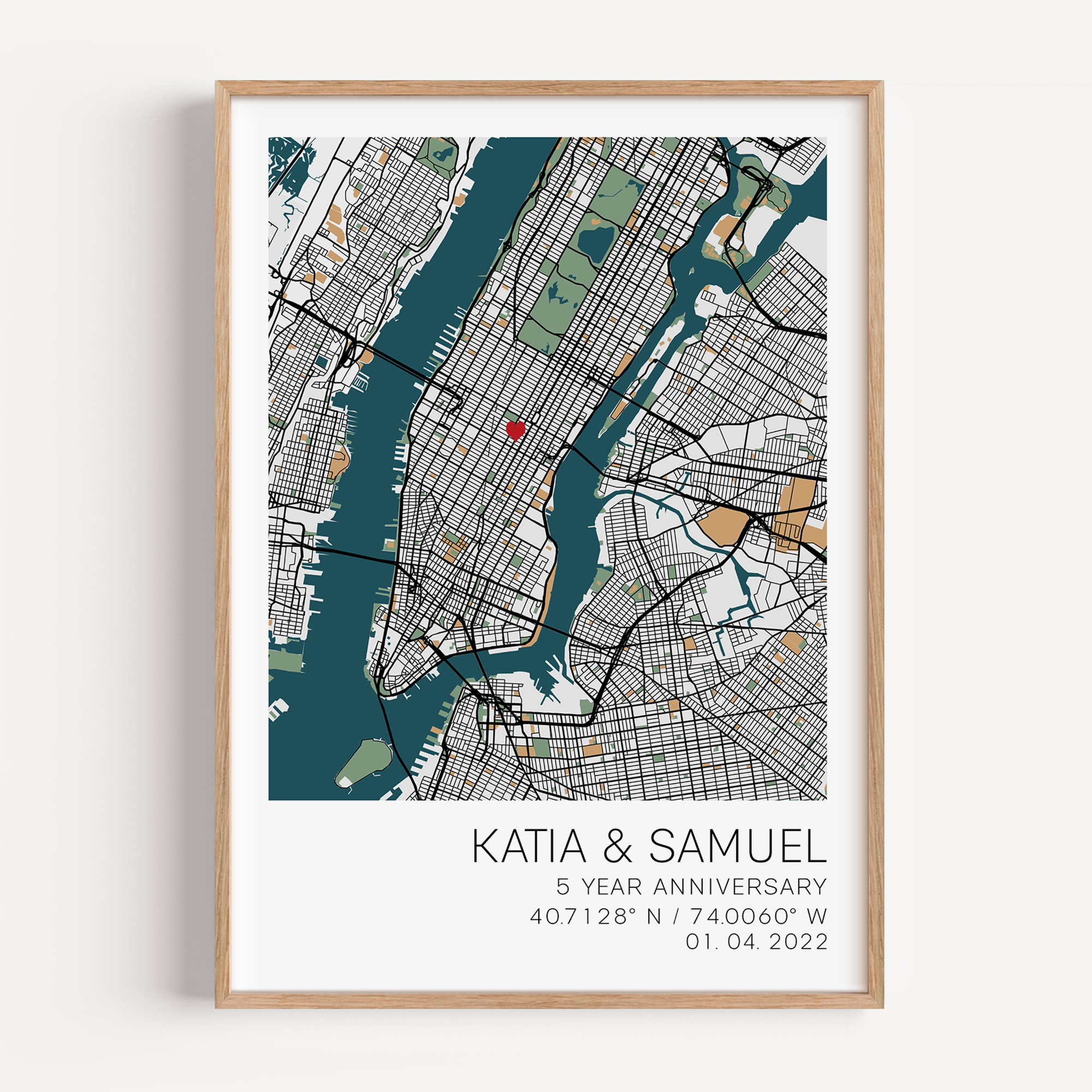 Custom-framed 5-year anniversary gift featuring a personalized message, couple's names, and wedding date, elegantly displayed with a wood or metallic frame and minimalist design, symbolizing half a decade of love and commitment.