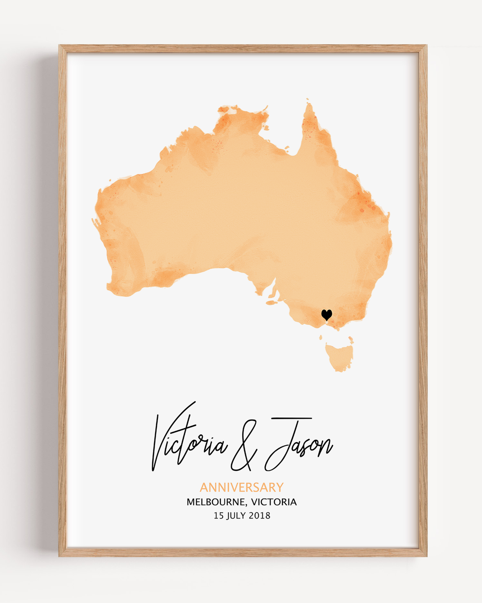 Custom watercolour map print showcasing a softly blended, artistic map of a chosen location, personalized with coordinates, names, and a special date.