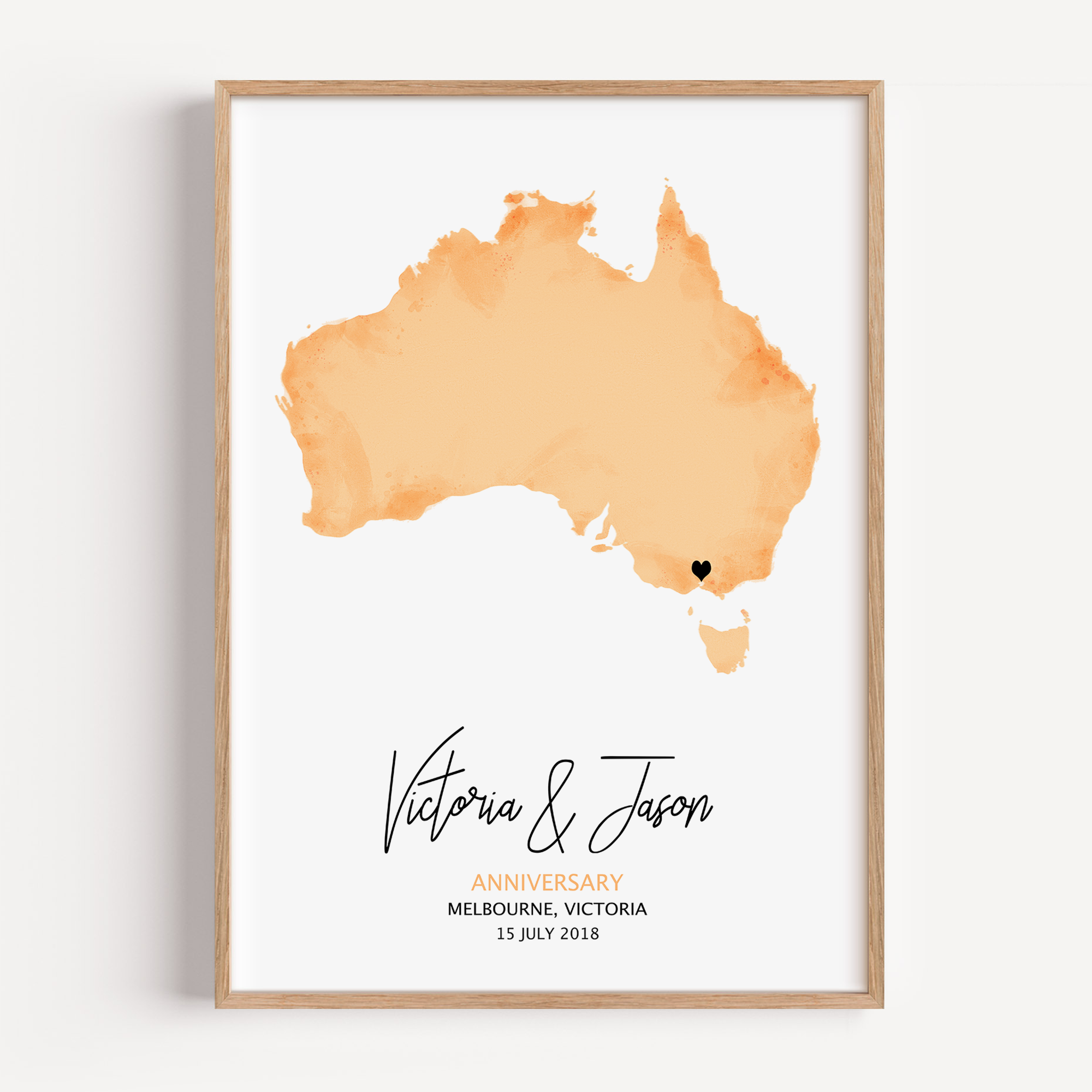 Custom watercolour map print showcasing a softly blended, artistic map of a chosen location, personalized with coordinates, names, and a special date.