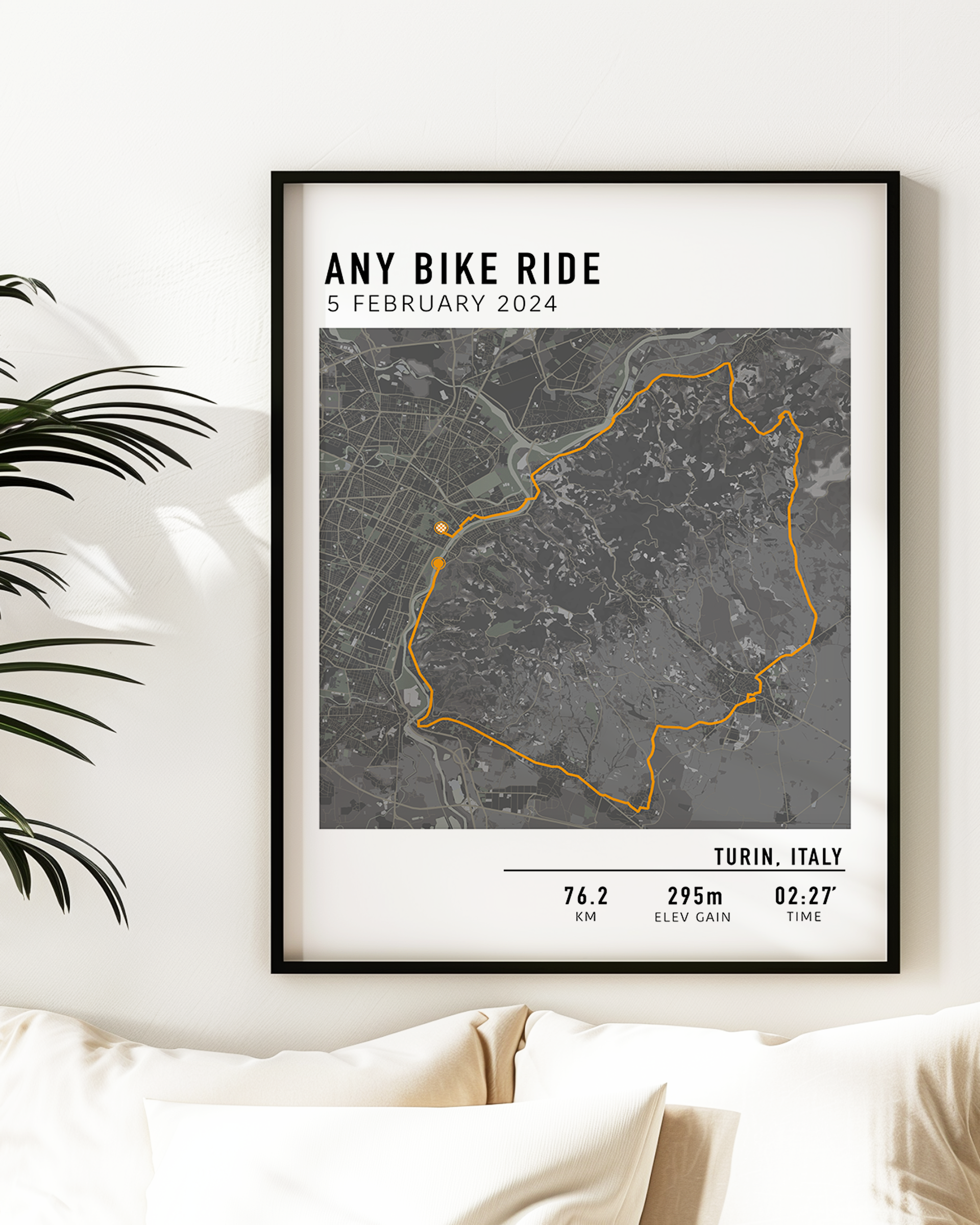 Custom cycling route print featuring a minimalist line map of a bike ride, personalized with route data uploaded by the rider, including distance, date, and location.