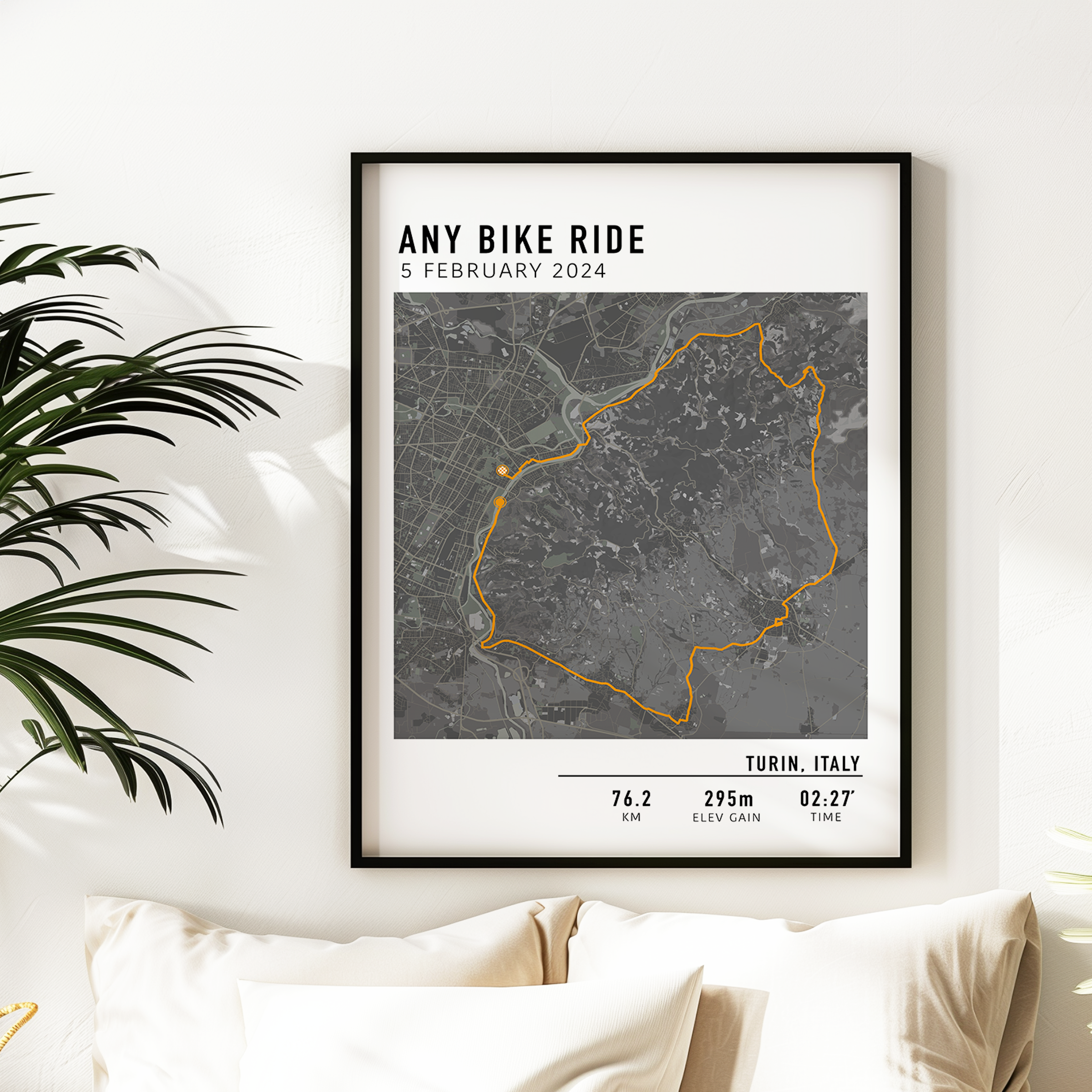 Custom cycling route print featuring a minimalist line map of a bike ride, personalized with route data uploaded by the rider, including distance, date, and location.