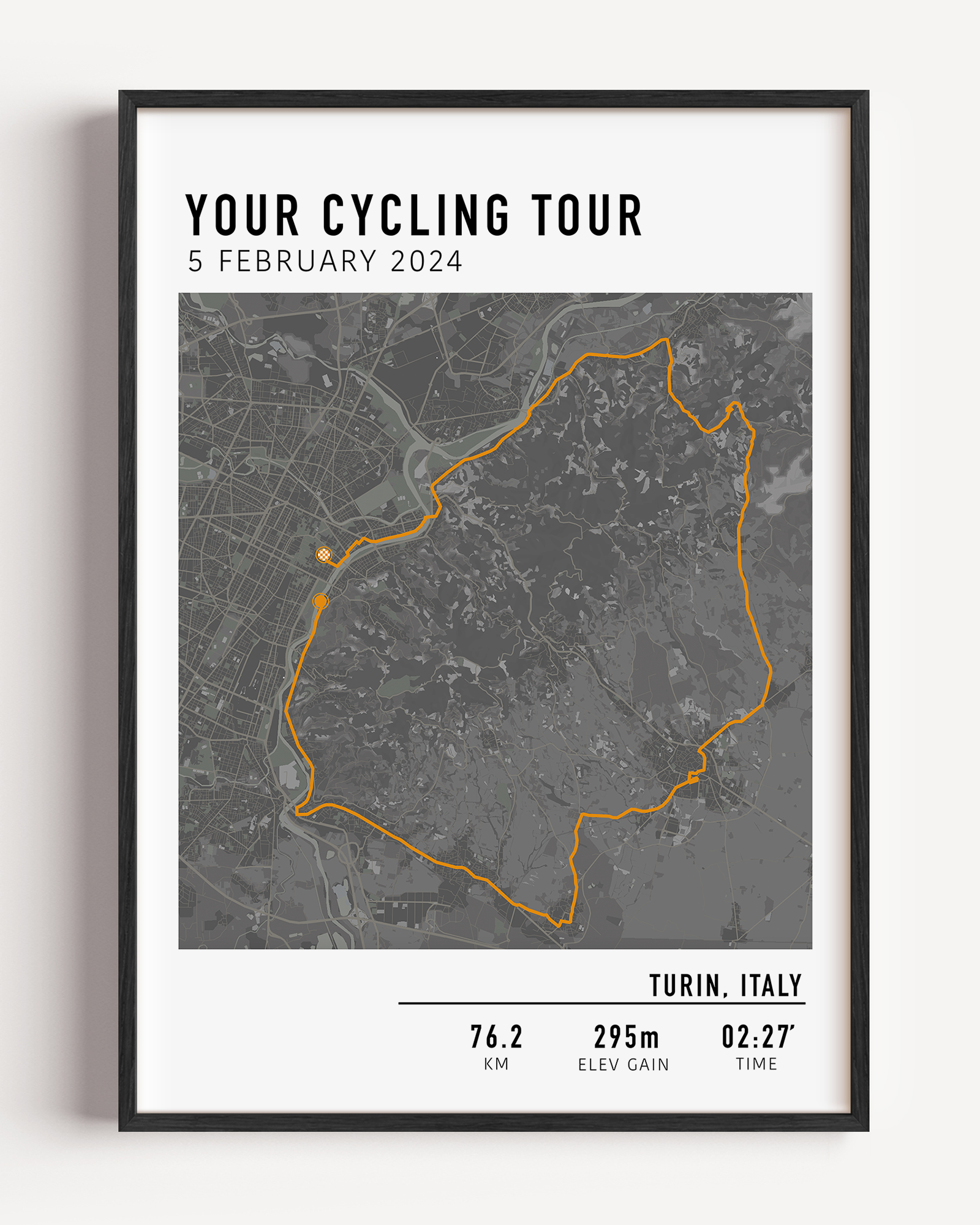 Custom cycling route print featuring a minimalist line map of a bike ride, personalized with route data uploaded by the rider, including distance, date, and location.
