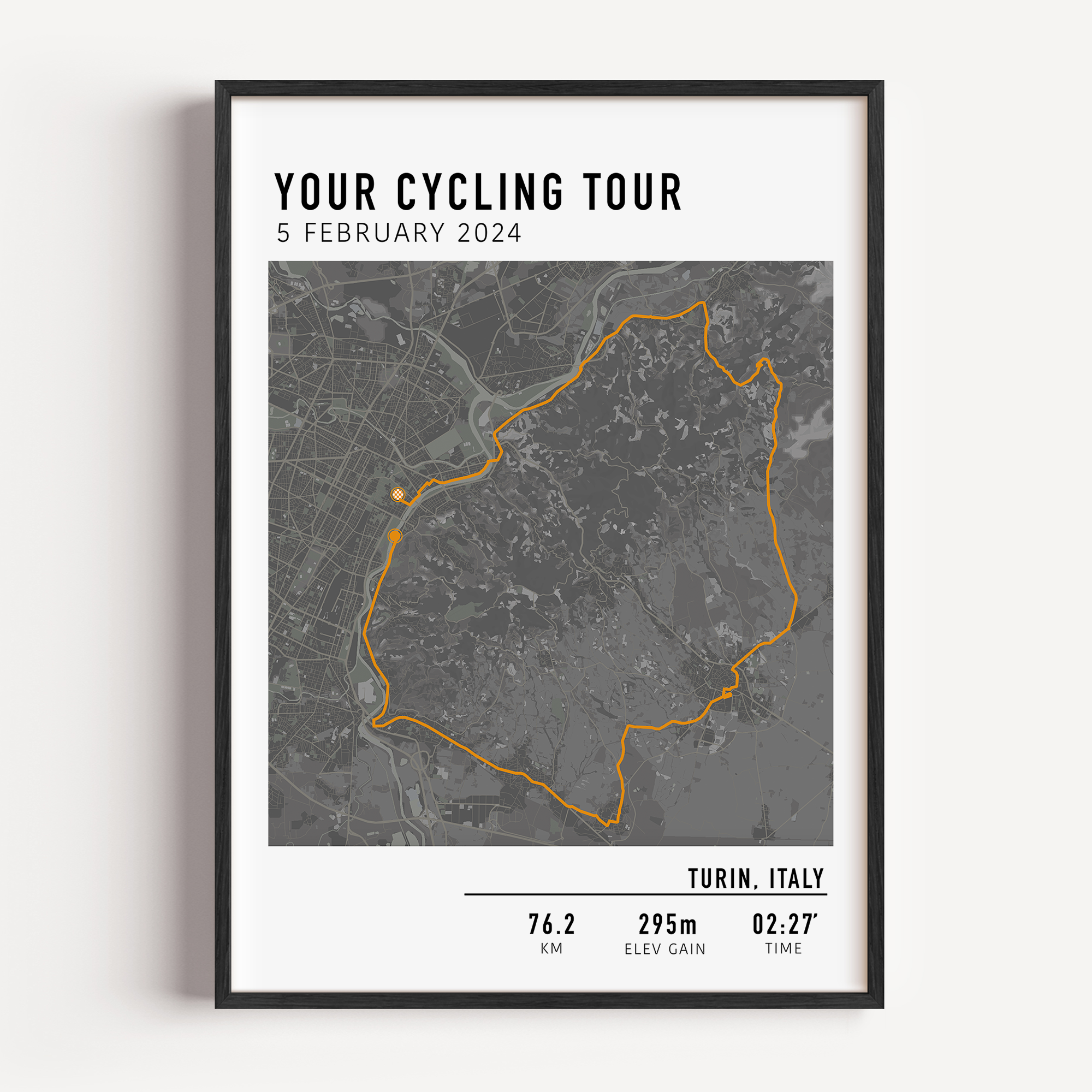 Custom cycling route print featuring a minimalist line map of a bike ride, personalized with route data uploaded by the rider, including distance, date, and location.