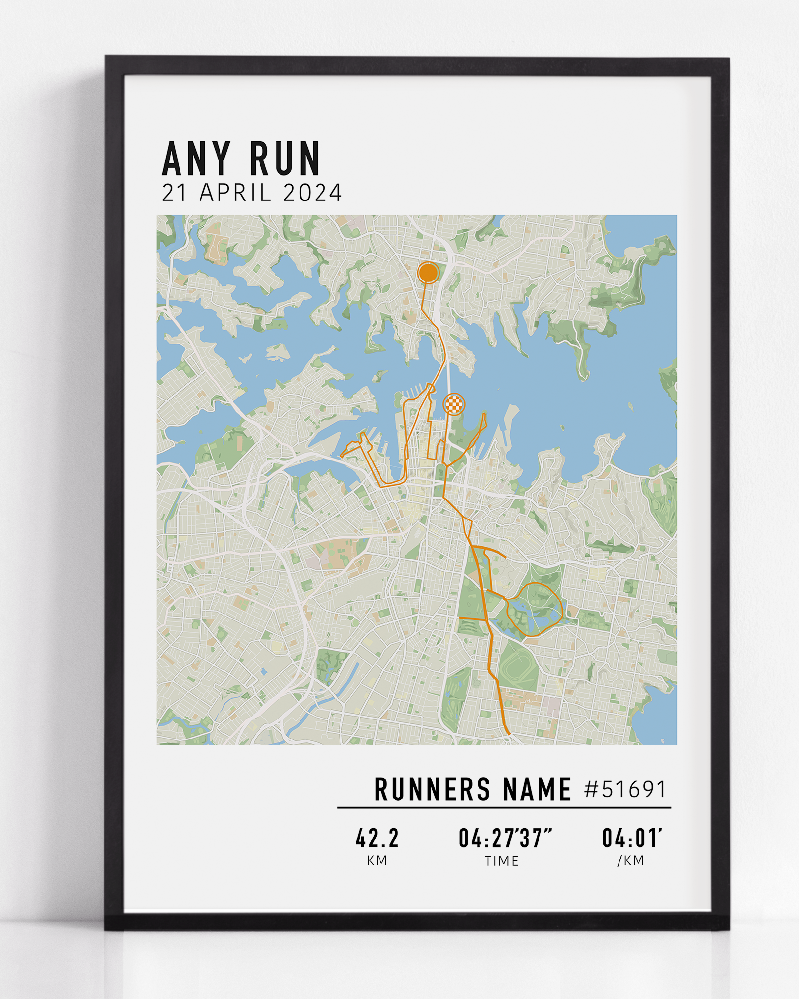 Custom running map poster showcasing a personalized route, created from GPX data. Ideal keepsake or gift for runners to celebrate achievements, training milestones, or memorable runs.