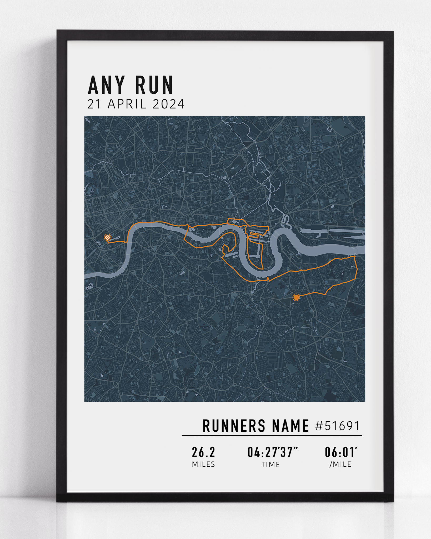 Custom running map poster showcasing a personalized route, created from GPX data. Ideal keepsake or gift for runners to celebrate achievements, training milestones, or memorable runs.