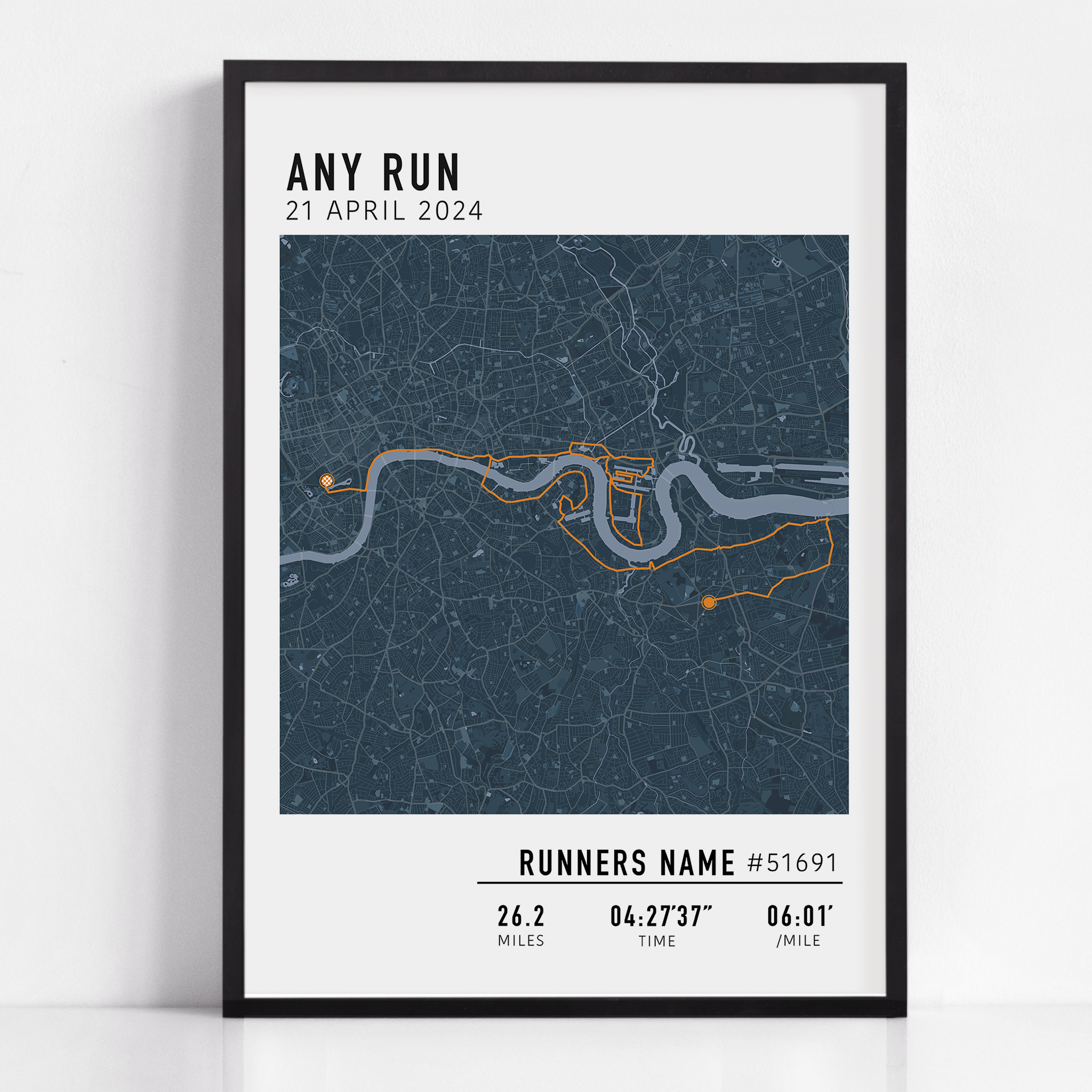 Custom running map poster showcasing a personalized route, created from GPX data. Ideal keepsake or gift for runners to celebrate achievements, training milestones, or memorable runs.