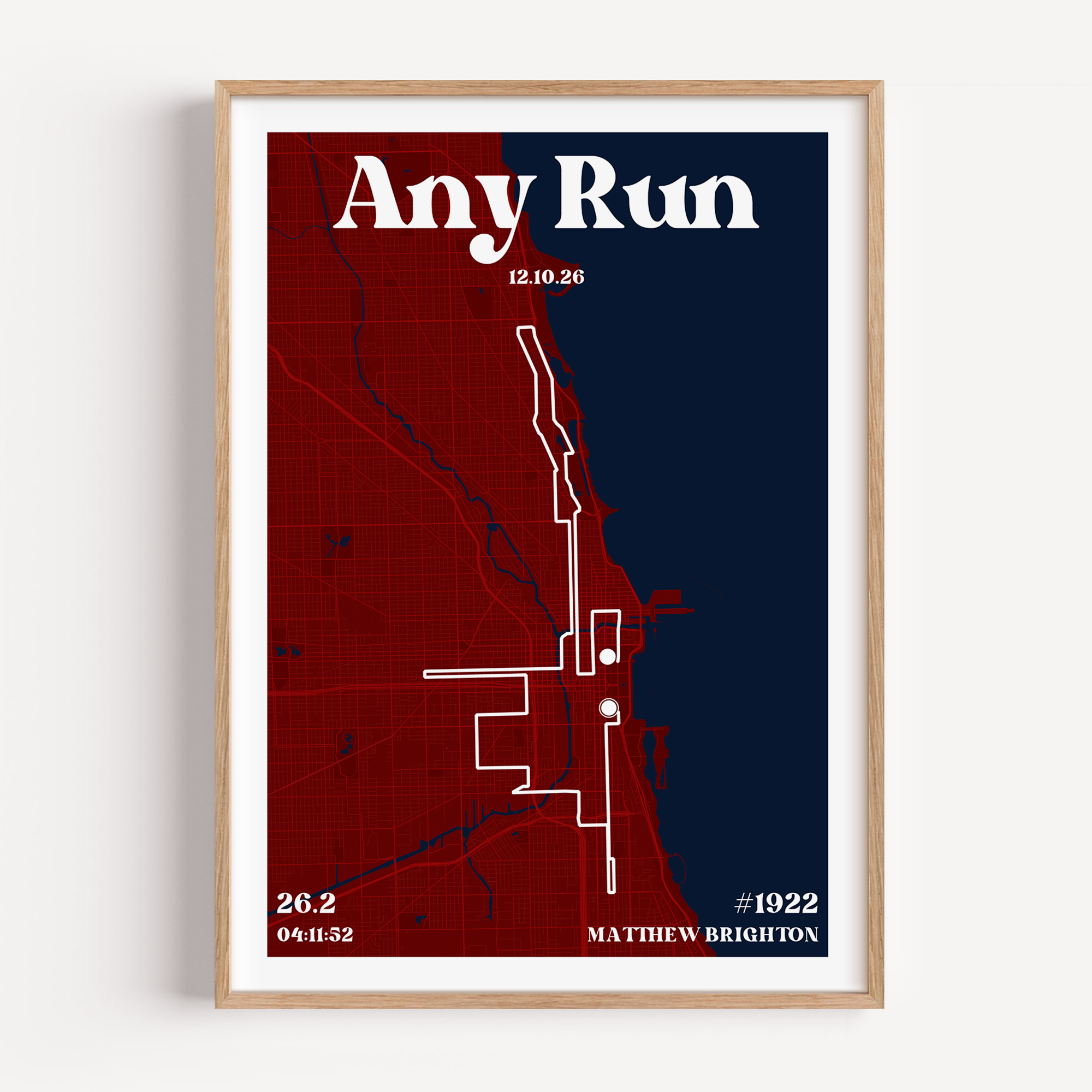 Any Marathon or Run course map print poster custom with the course, runner's name and bib number.