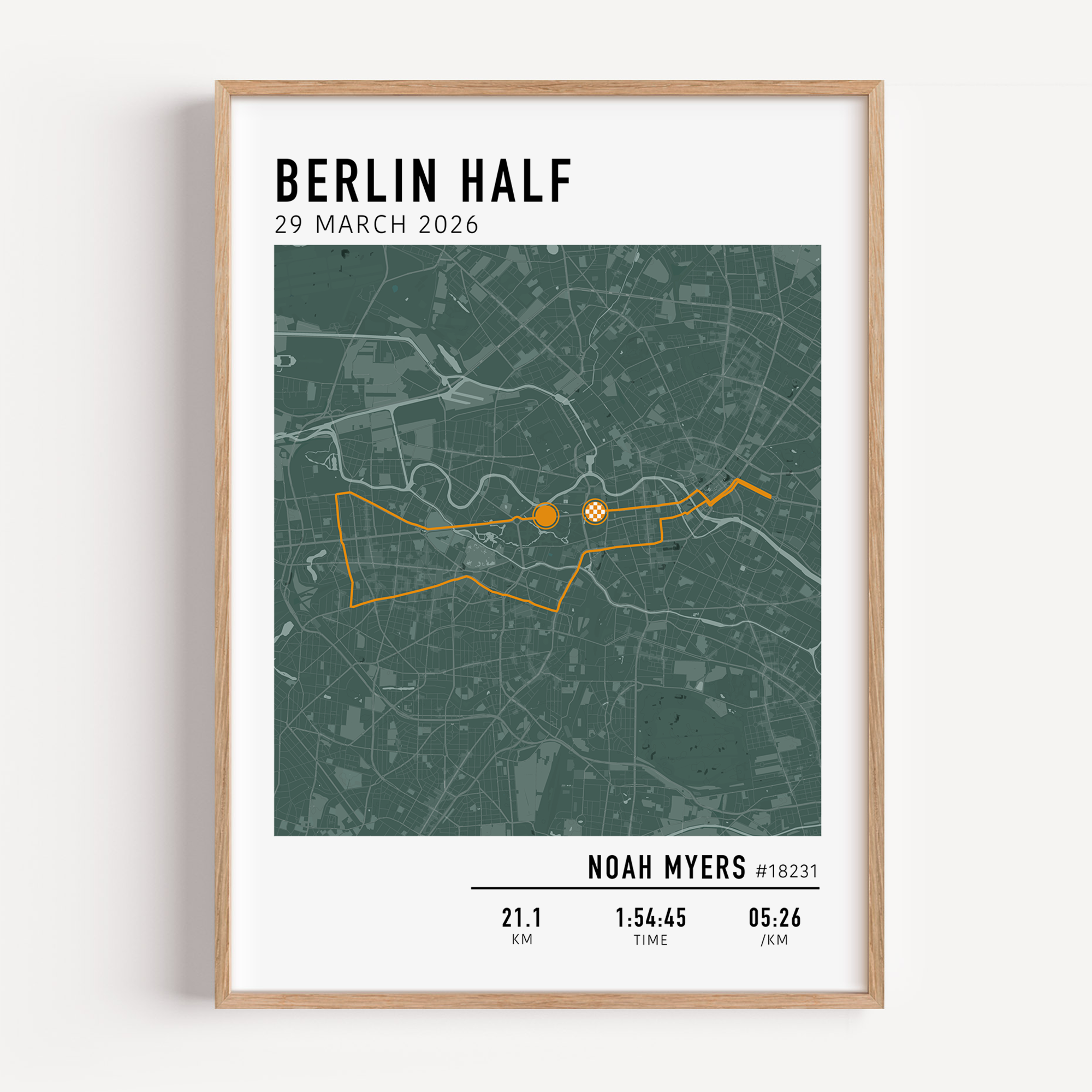 Framed map poster of Berlin half marathon with race details, course and custom stats