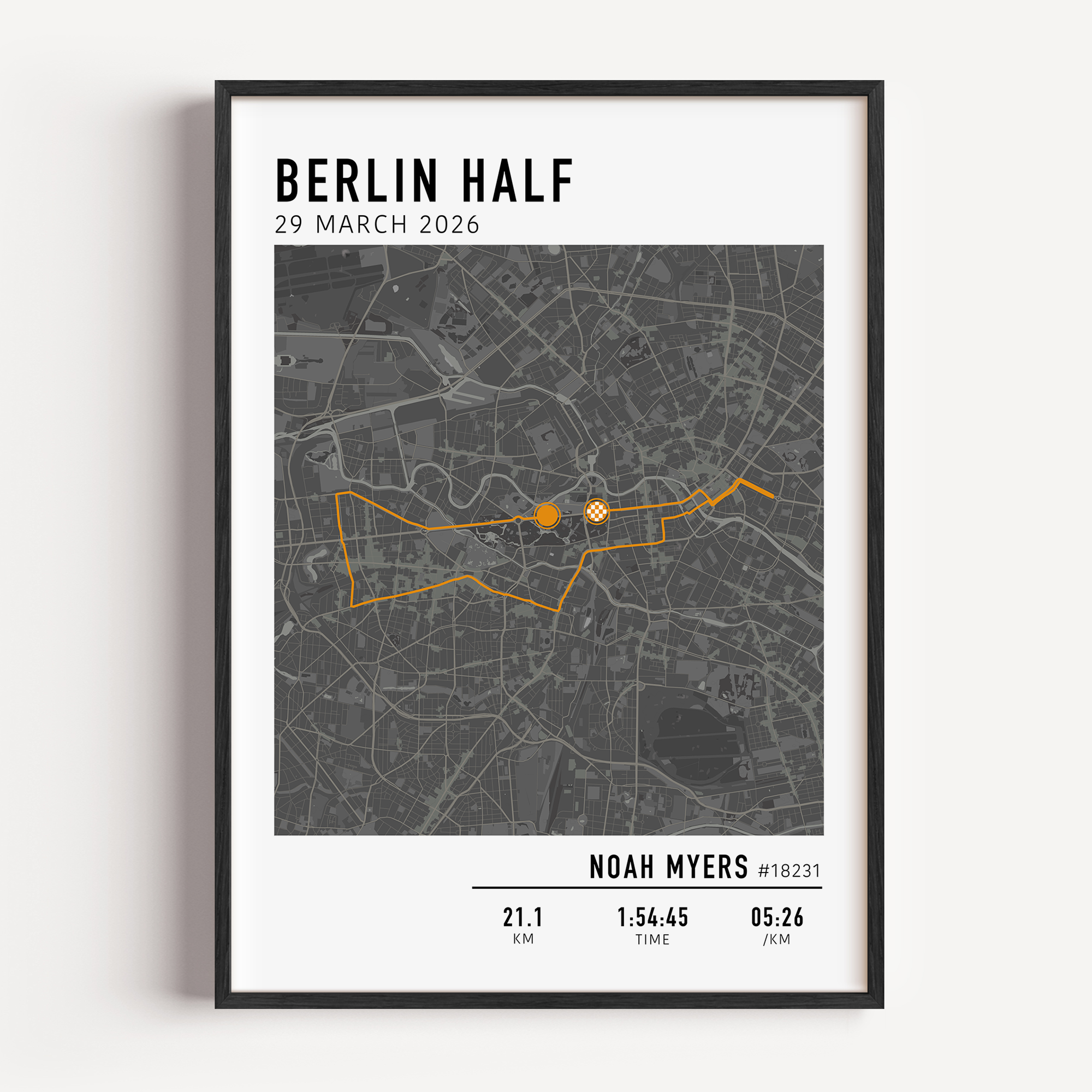 Framed map poster of Berlin half marathon with race details, course and custom stats