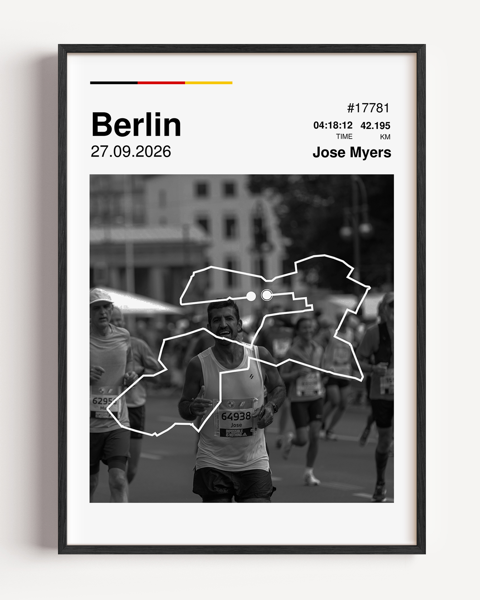 Custom Berlin Marathon finisher poster featuring a personalized runner photo, a white route map overlay, personalized race stats, and German flag colors.