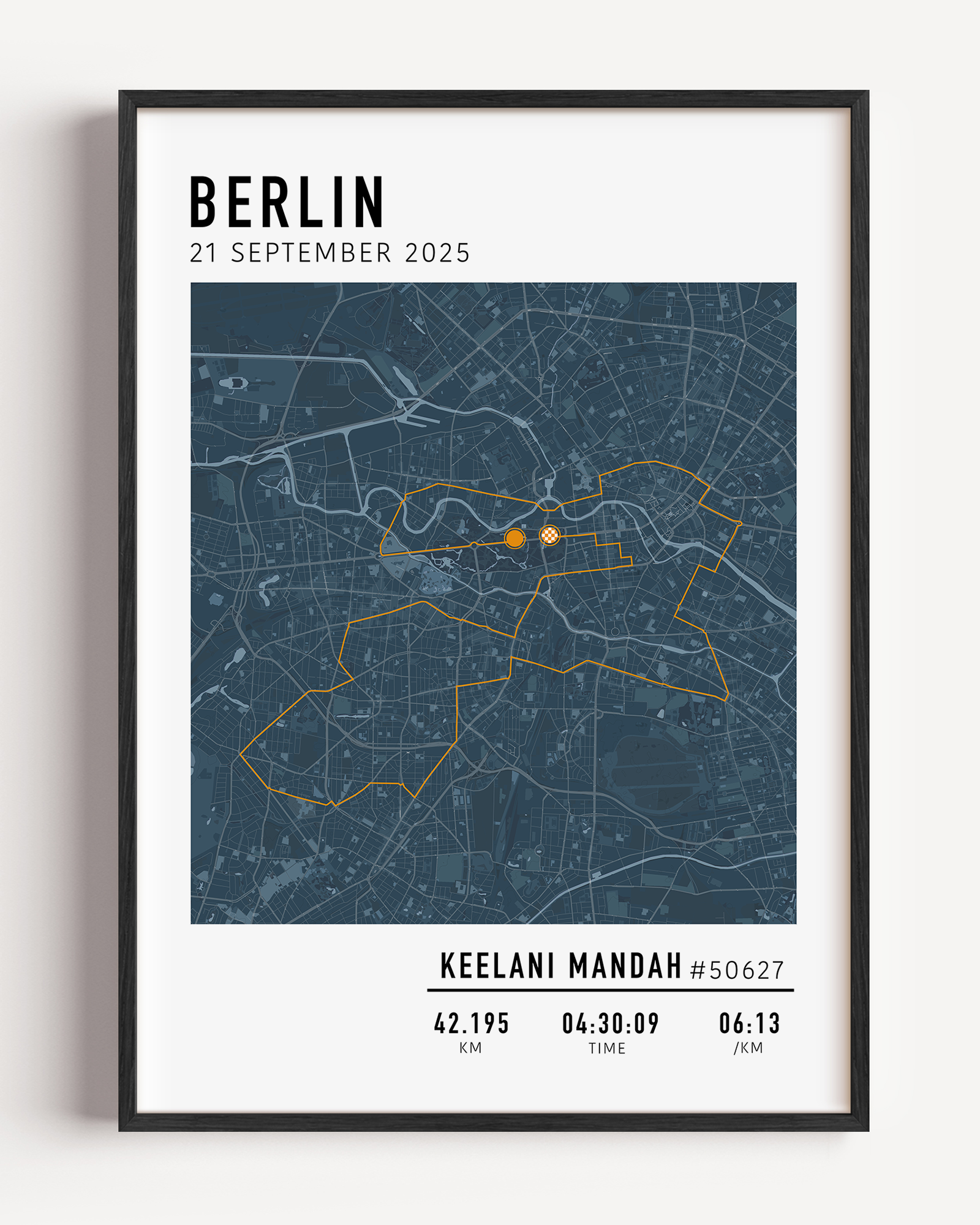 Custom Berlin Marathon map poster displaying the iconic race route, personalized with GPX data and designed as a keepsake for marathon finishers and runners.