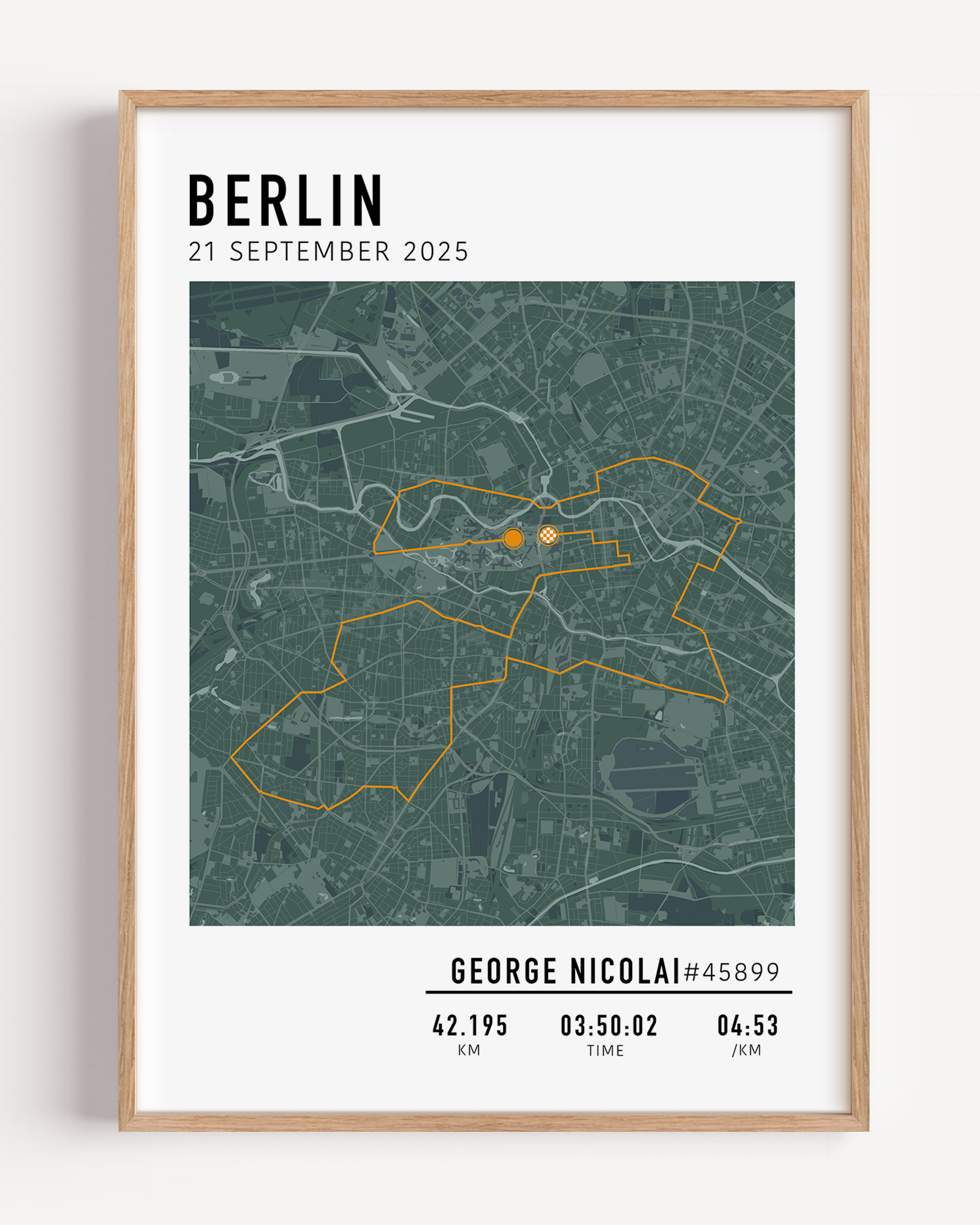 Custom Berlin Marathon map poster displaying the iconic race route, personalized with GPX data and designed as a keepsake for marathon finishers and runners.