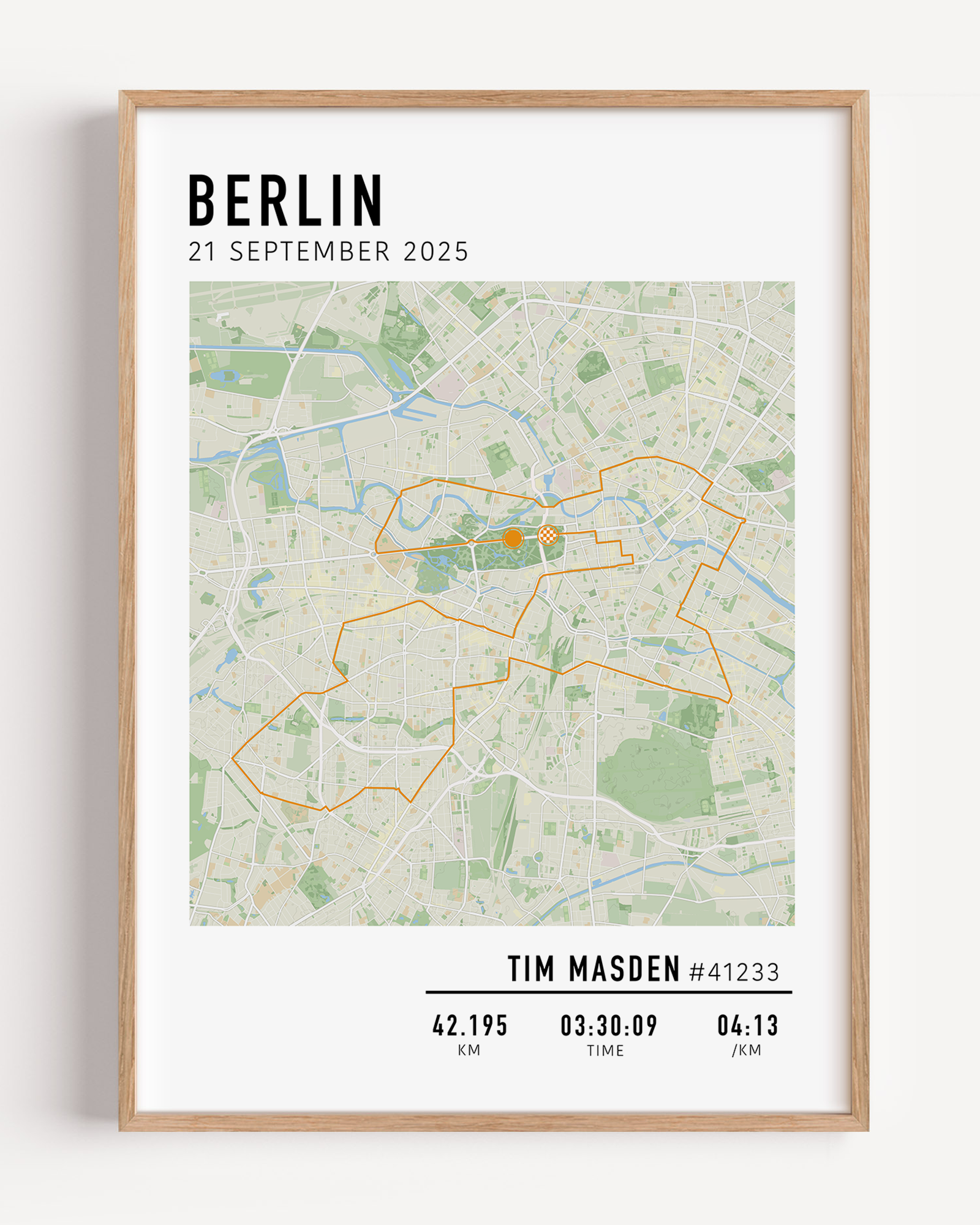 Custom Berlin Marathon map poster displaying the iconic race route, personalized with GPX data and designed as a keepsake for marathon finishers and runners.