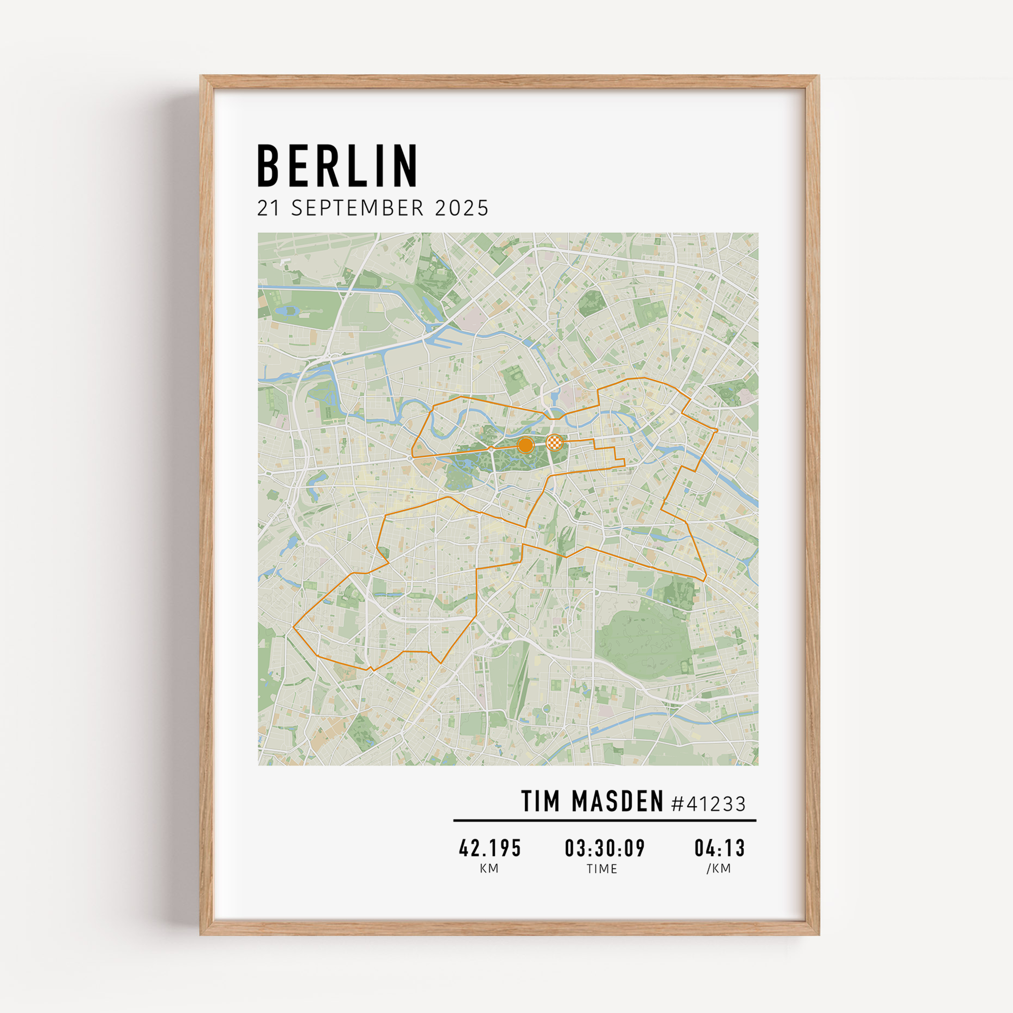 Custom Berlin Marathon map poster displaying the iconic race route, personalized with GPX data and designed as a keepsake for marathon finishers and runners.