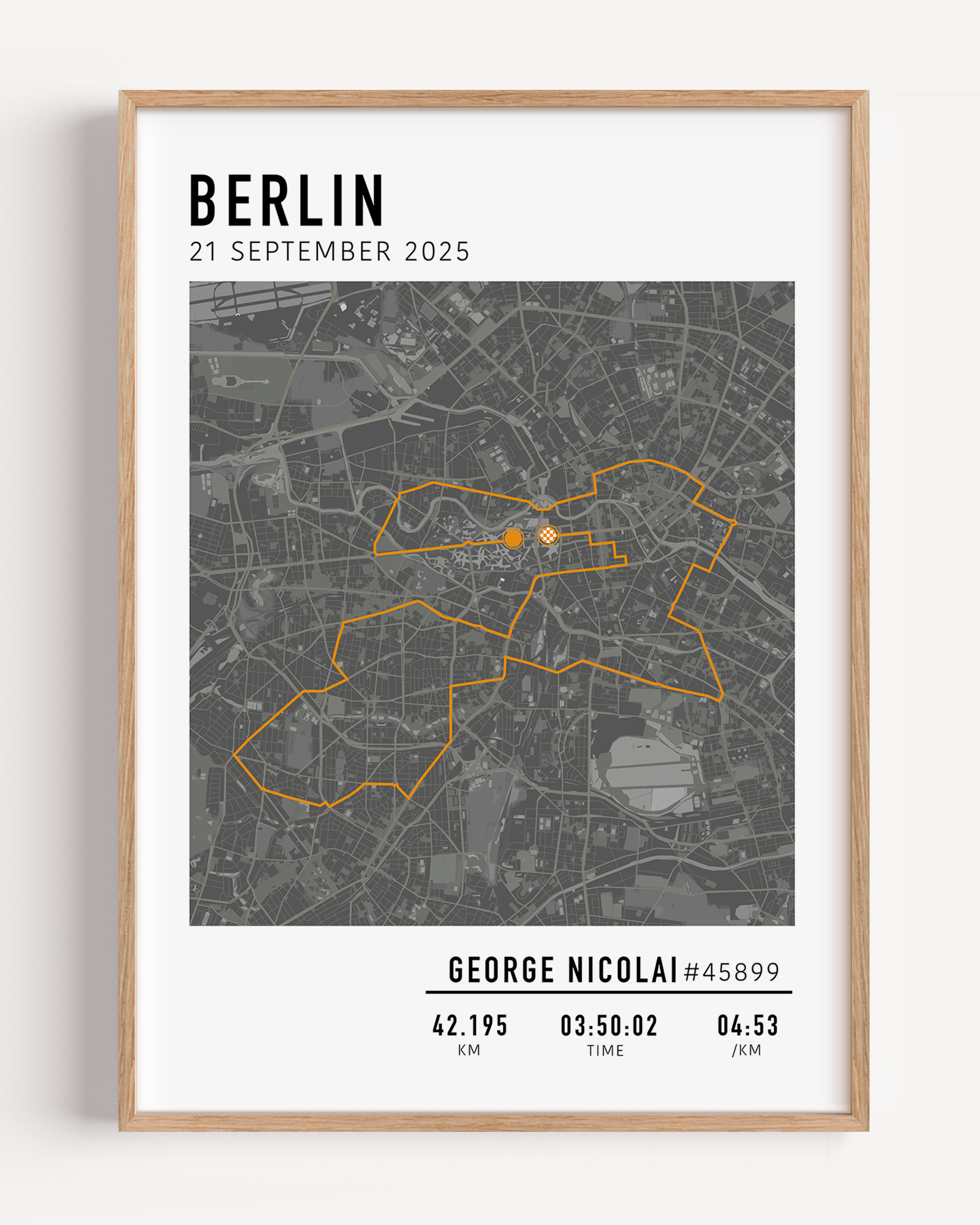 Custom Berlin Marathon map poster displaying the iconic race route, personalized with GPX data and designed as a keepsake for marathon finishers and runners.