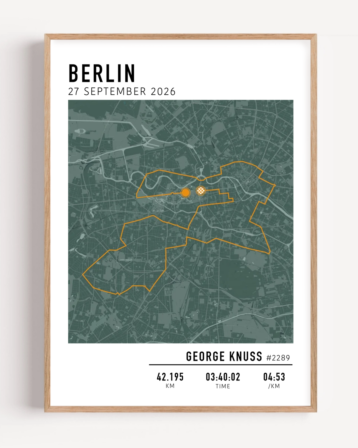 Custom Berlin Marathon map poster displaying the iconic race route, personalized with GPX data and designed as a keepsake for marathon finishers and runners.