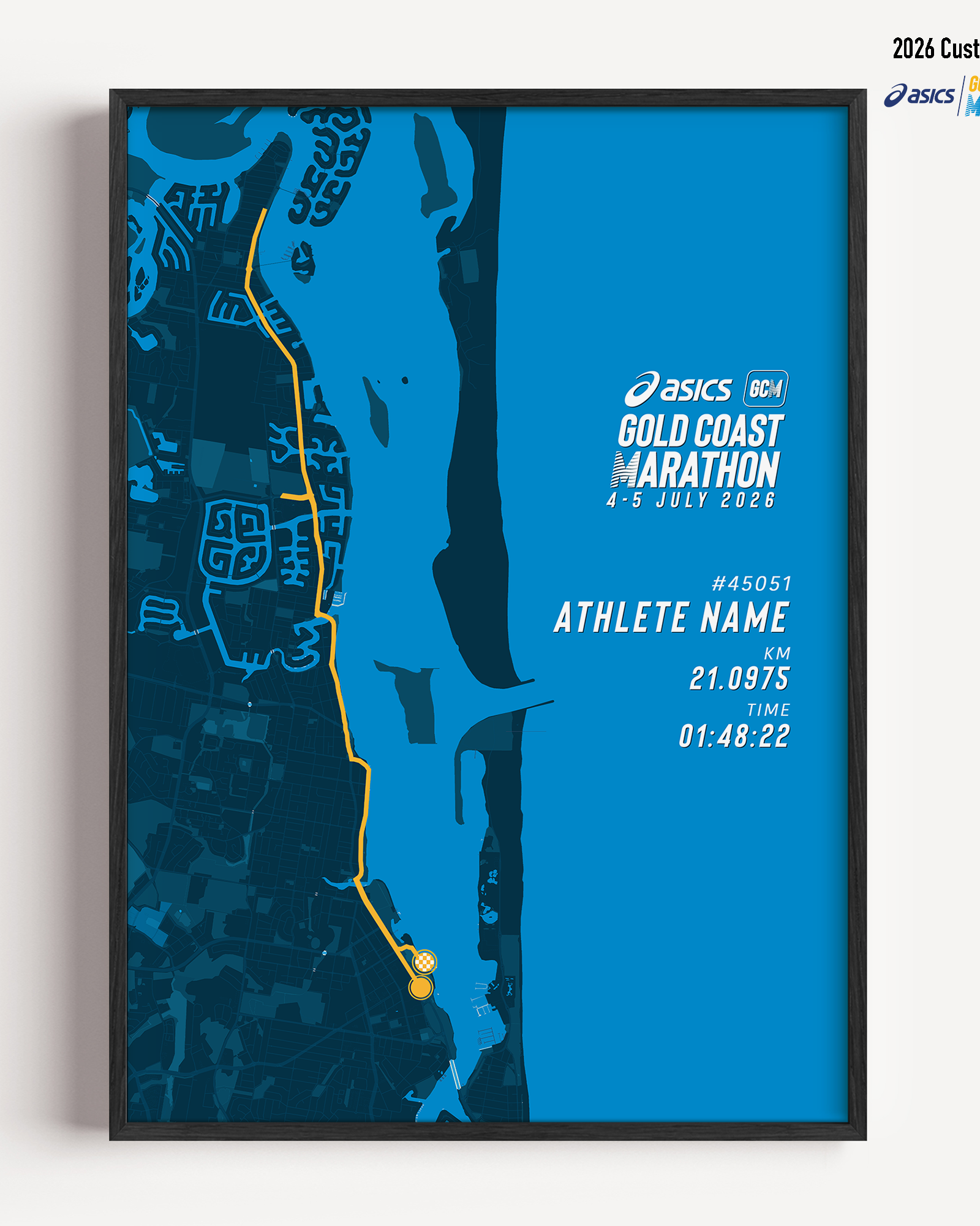 Framed Gold Coast Half Marathon 2026 personalised artwork displayed on a wall as home decor.