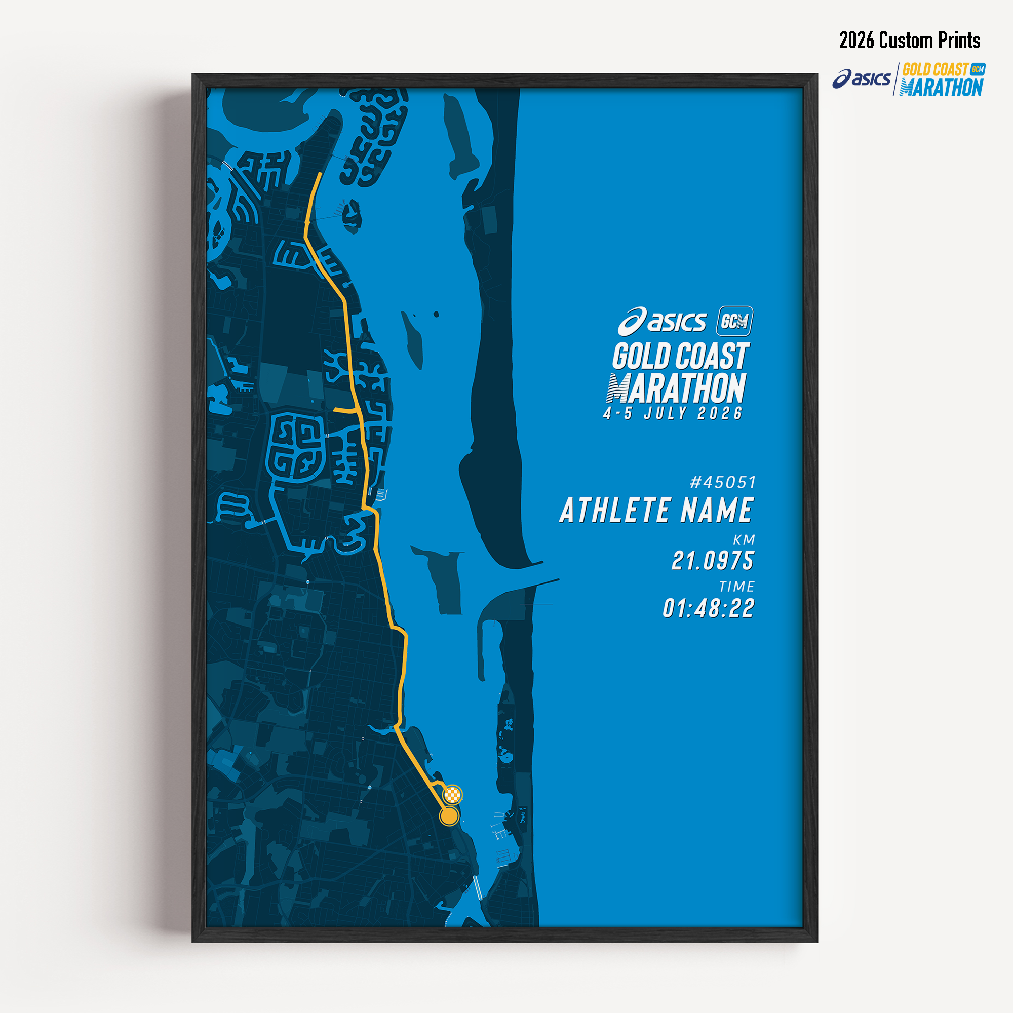 Framed Gold Coast Half Marathon 2026 personalised artwork displayed on a wall as home decor.