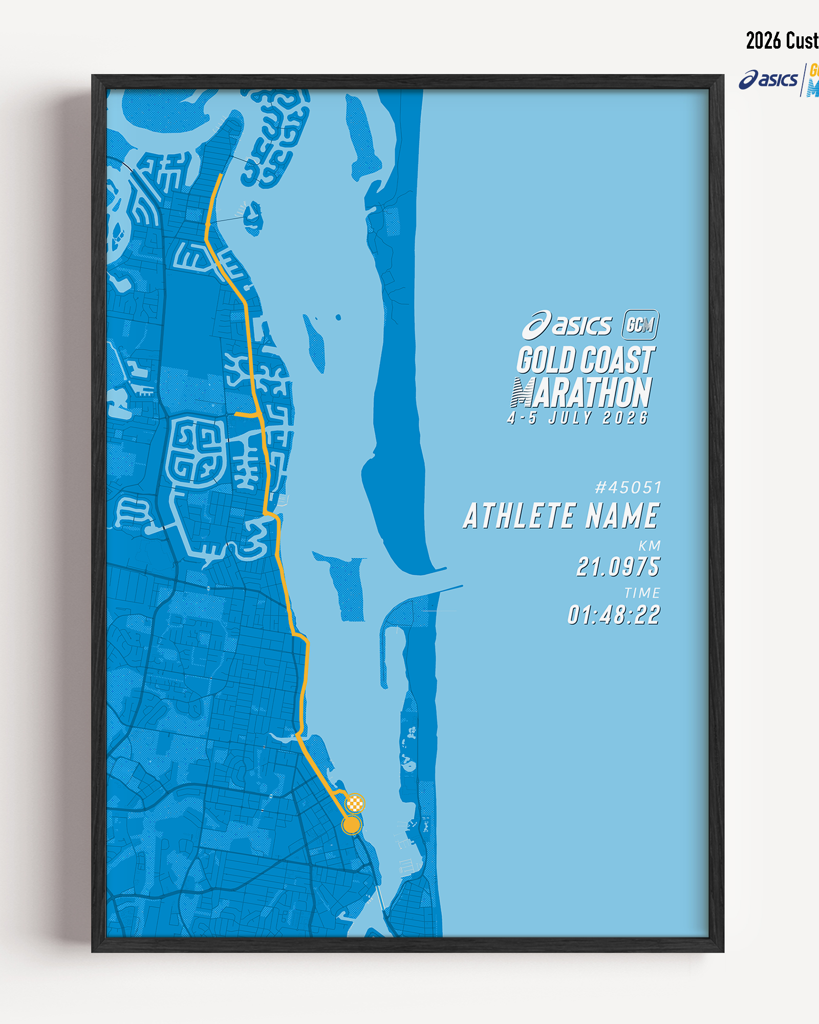 Framed Gold Coast Half Marathon 2026 personalised artwork displayed on a wall as home decor.