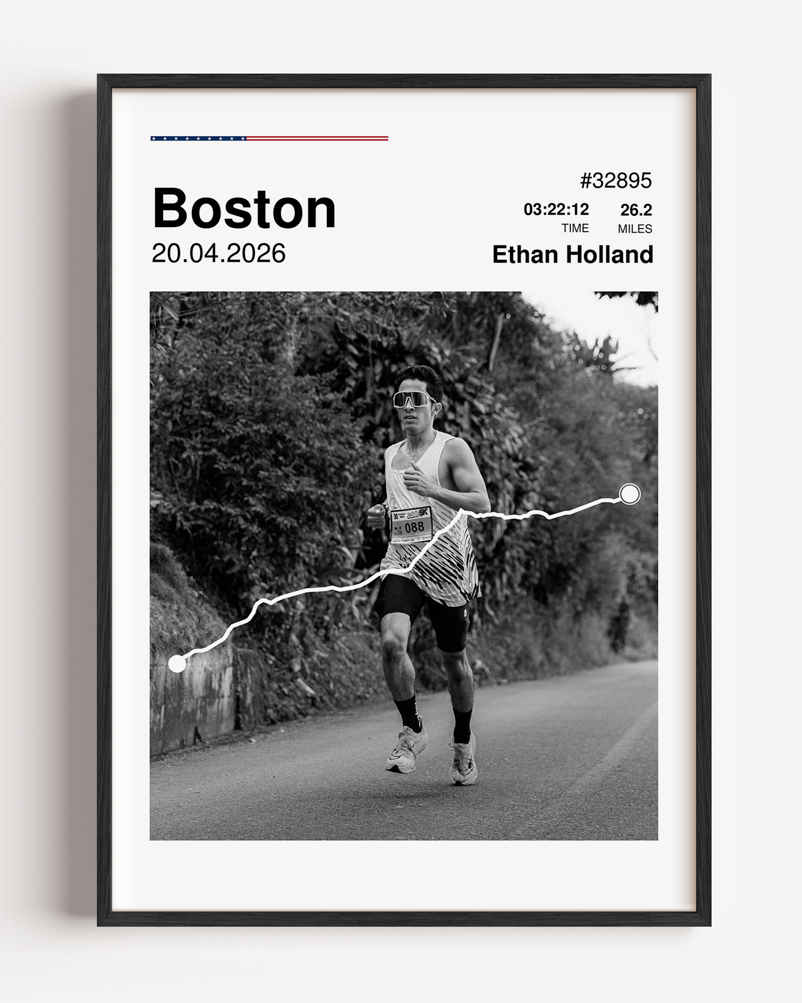 Custom Boston Marathon finisher poster featuring a personalized runner photo, a white route map overlay, personalized race stats, and USA flag colors.