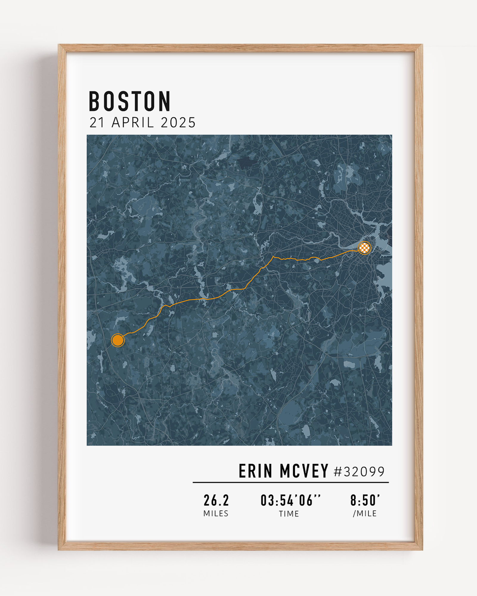 Boston Marathon route custom map print with custom stats and runner gift name