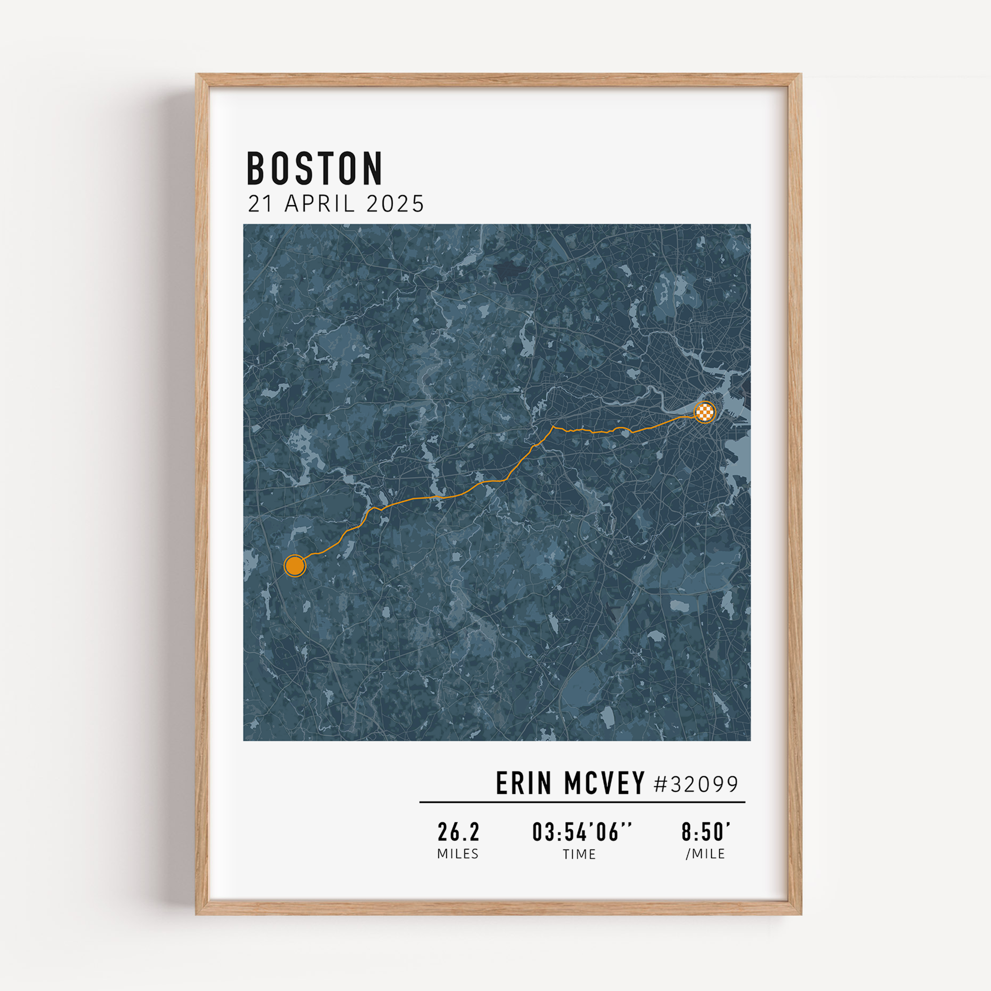 Boston Marathon route custom map print with custom stats and runner gift name