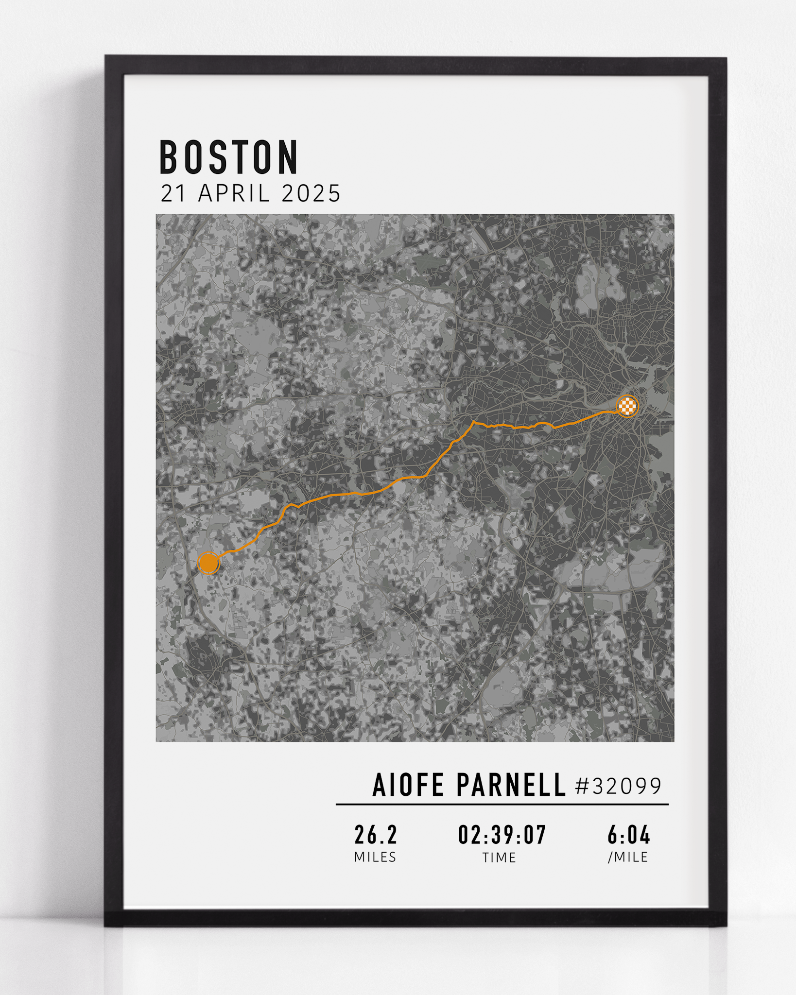 Boston Marathon route custom map print with custom stats and runner gift name