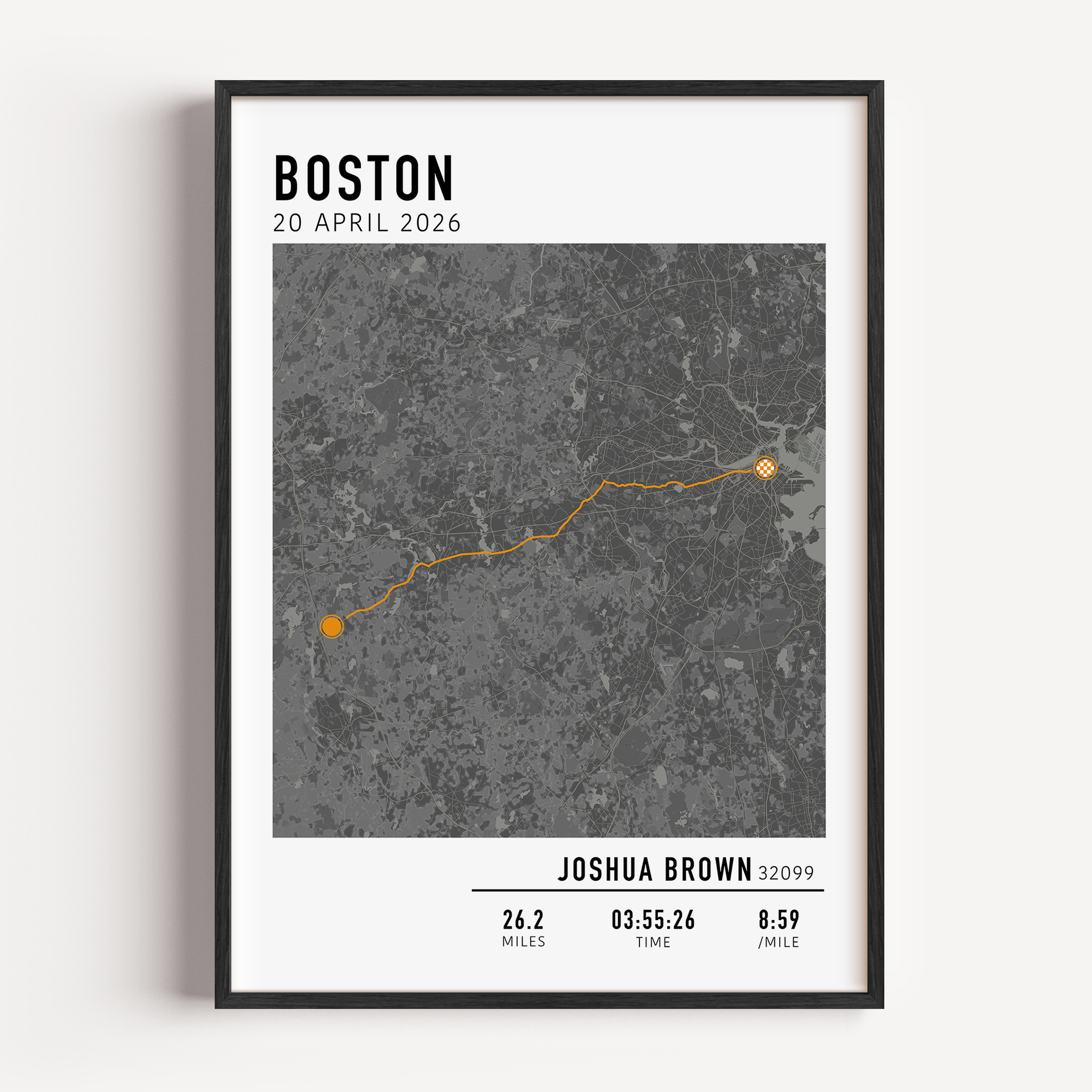Boston Marathon route custom map print with custom stats and runner gift name