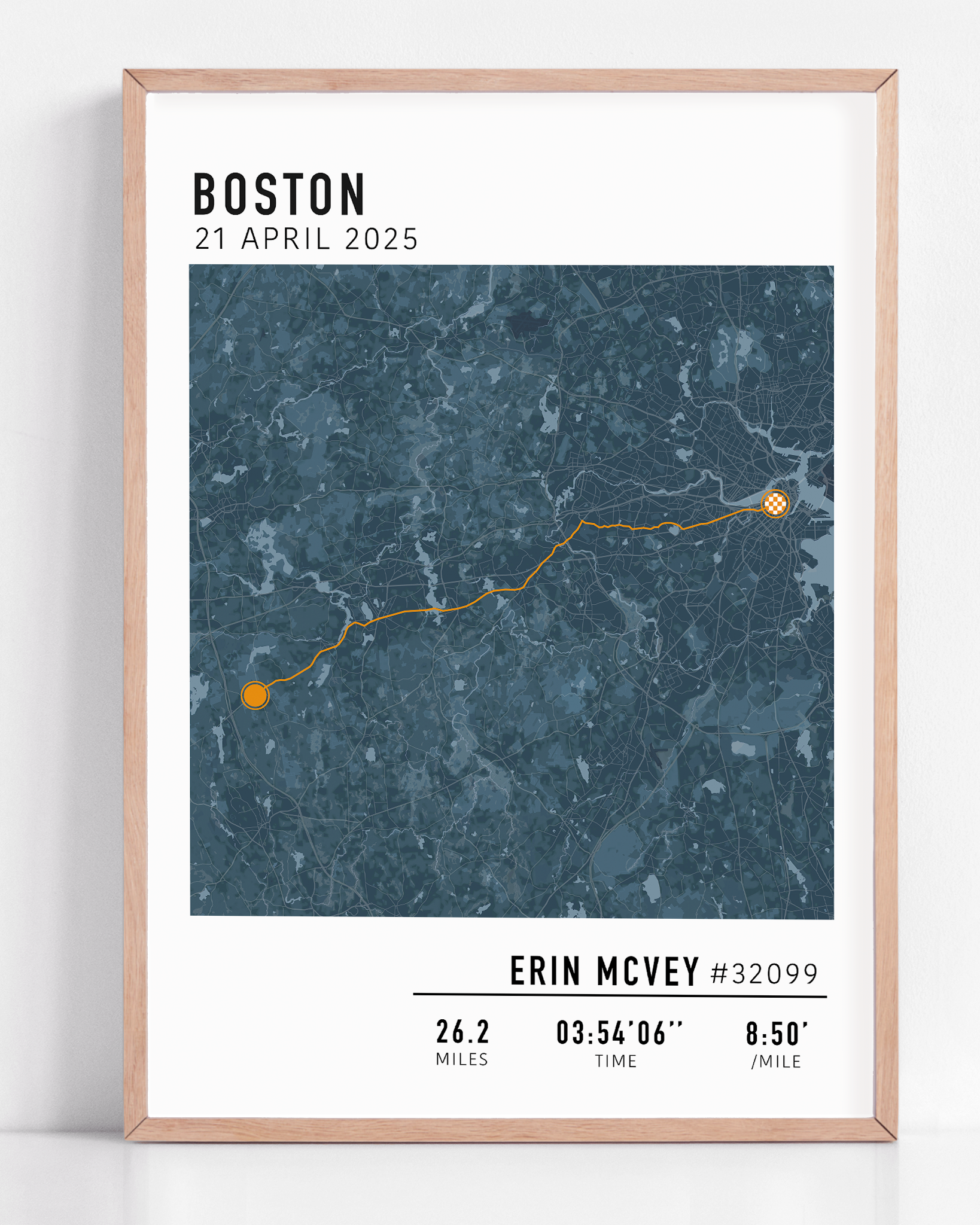 Boston Marathon route custom map print with custom stats and runner gift name