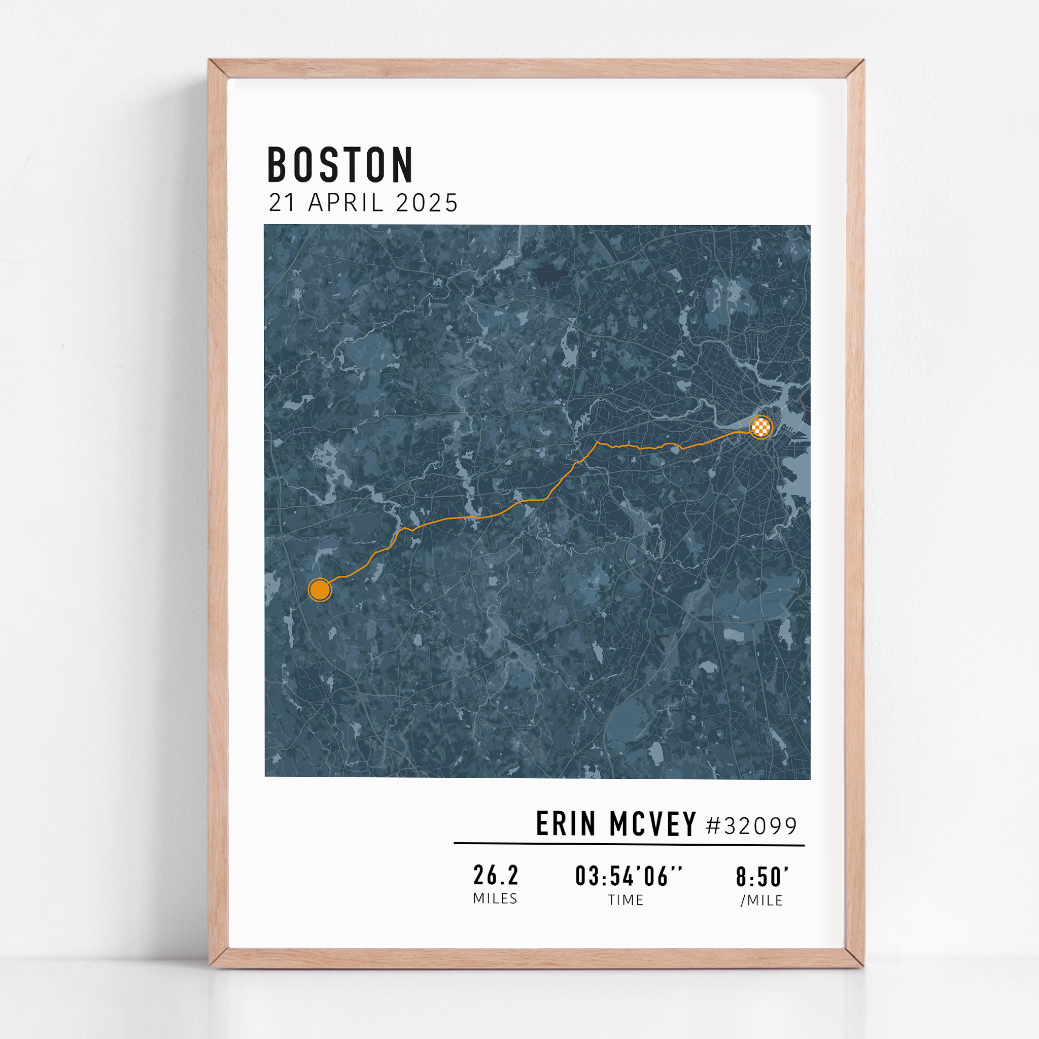 Boston Marathon route custom map print with custom stats and runner gift name