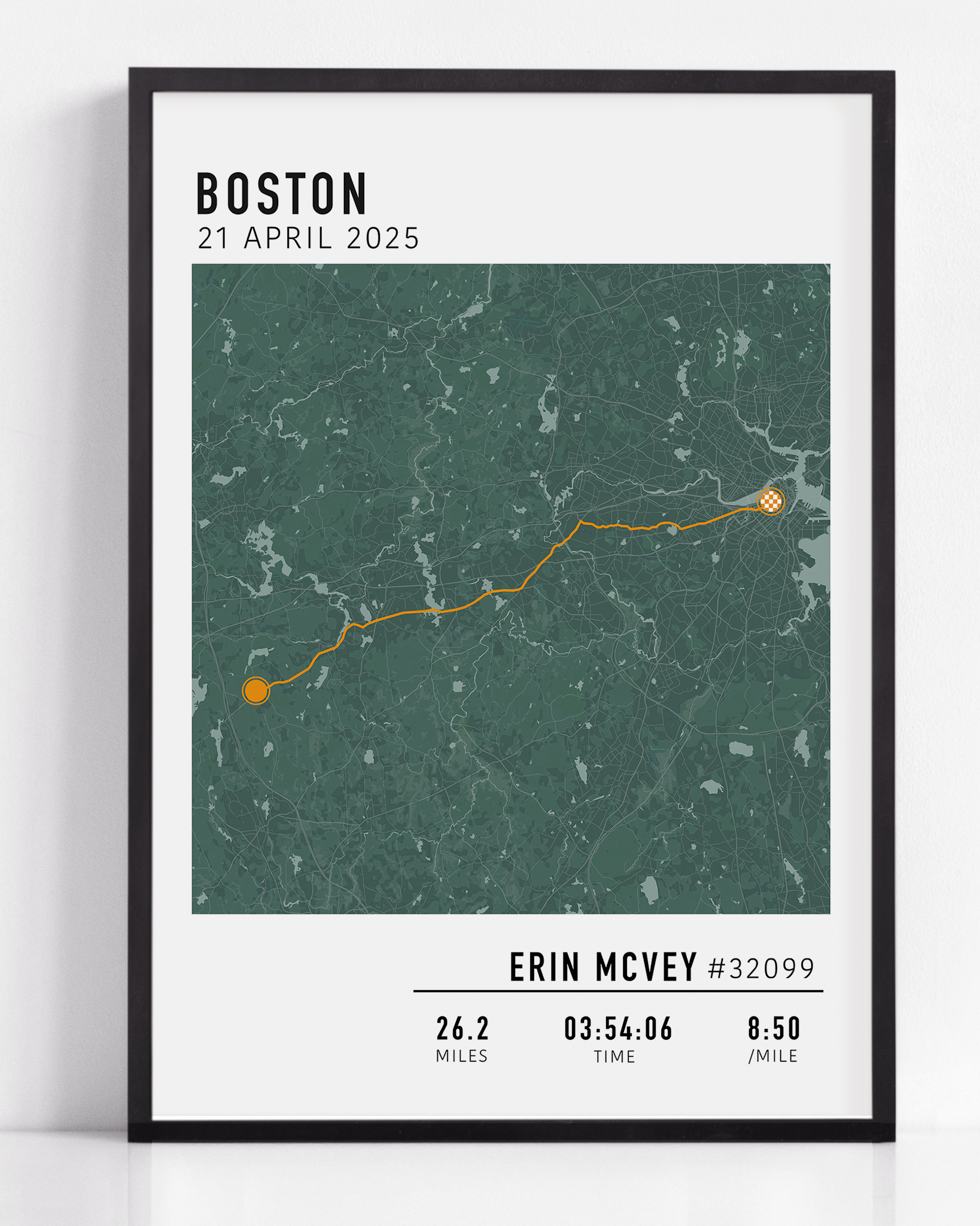 Boston Marathon route custom map print with custom stats and runner gift name