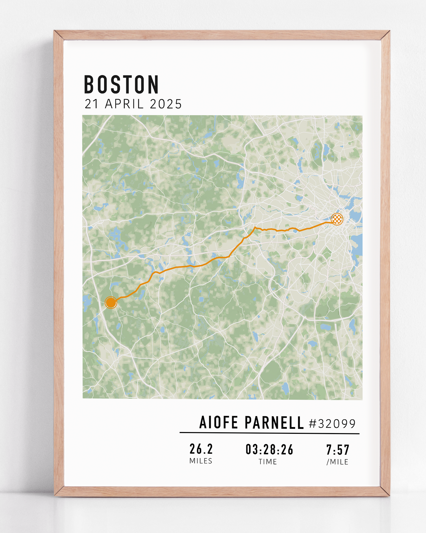 Boston Marathon route custom map print with custom stats and runner gift name