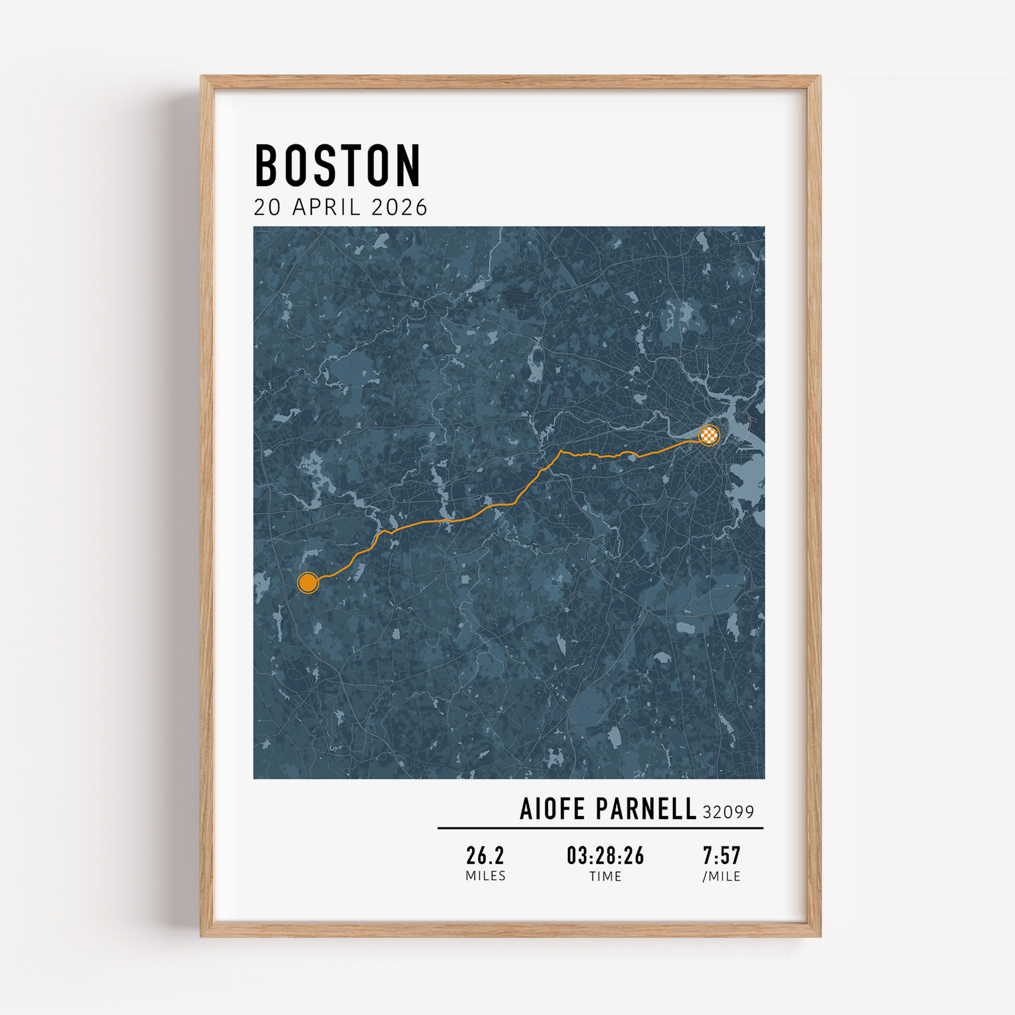 Framed map print of 2026 Boston Marathon with a route and details on a white background