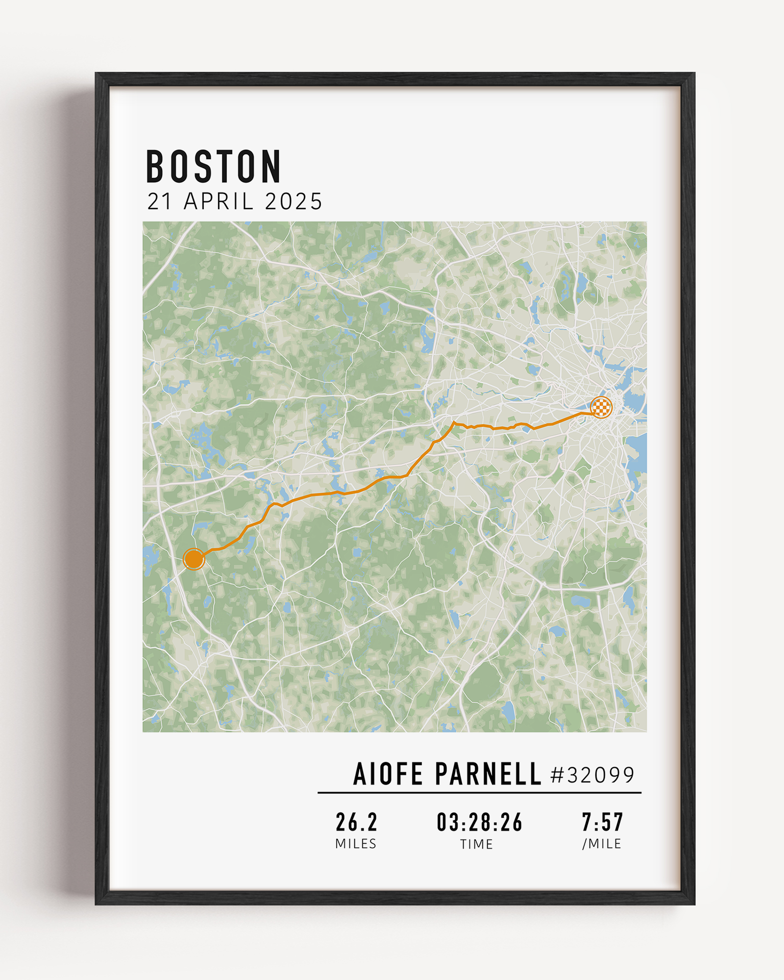 Boston Marathon route custom map print with custom stats and runner gift name