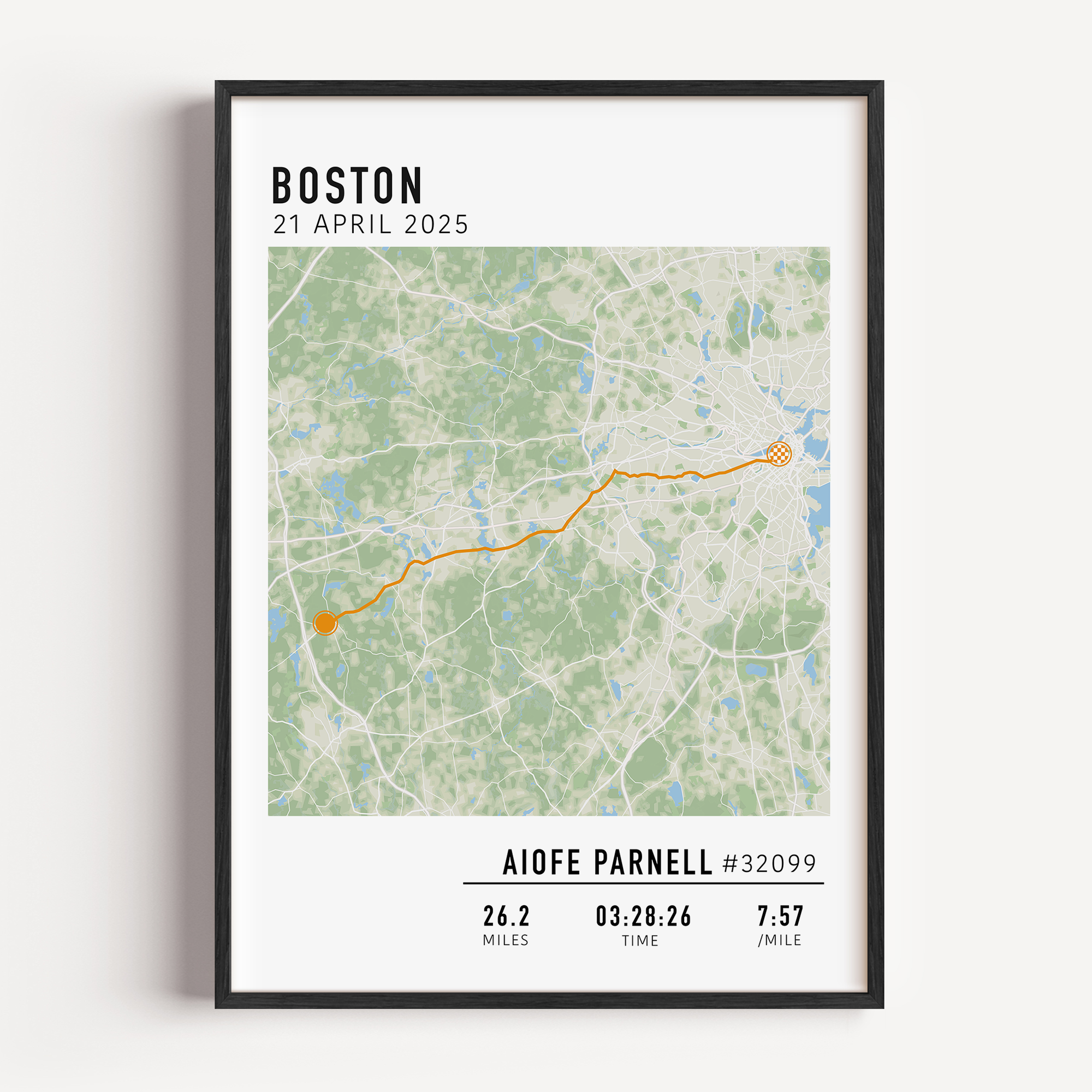 Boston Marathon route custom map print with custom stats and runner gift name
